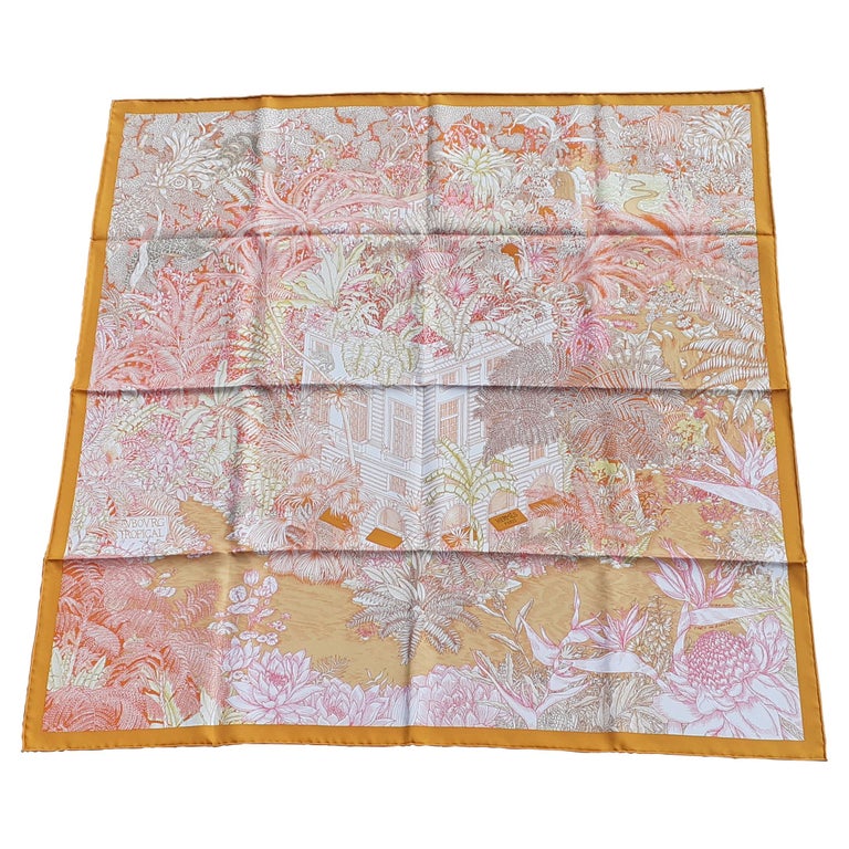 Hermès Silk Scarf Faubourg Tropical Orange Mangue Rose 90 cm For Sale