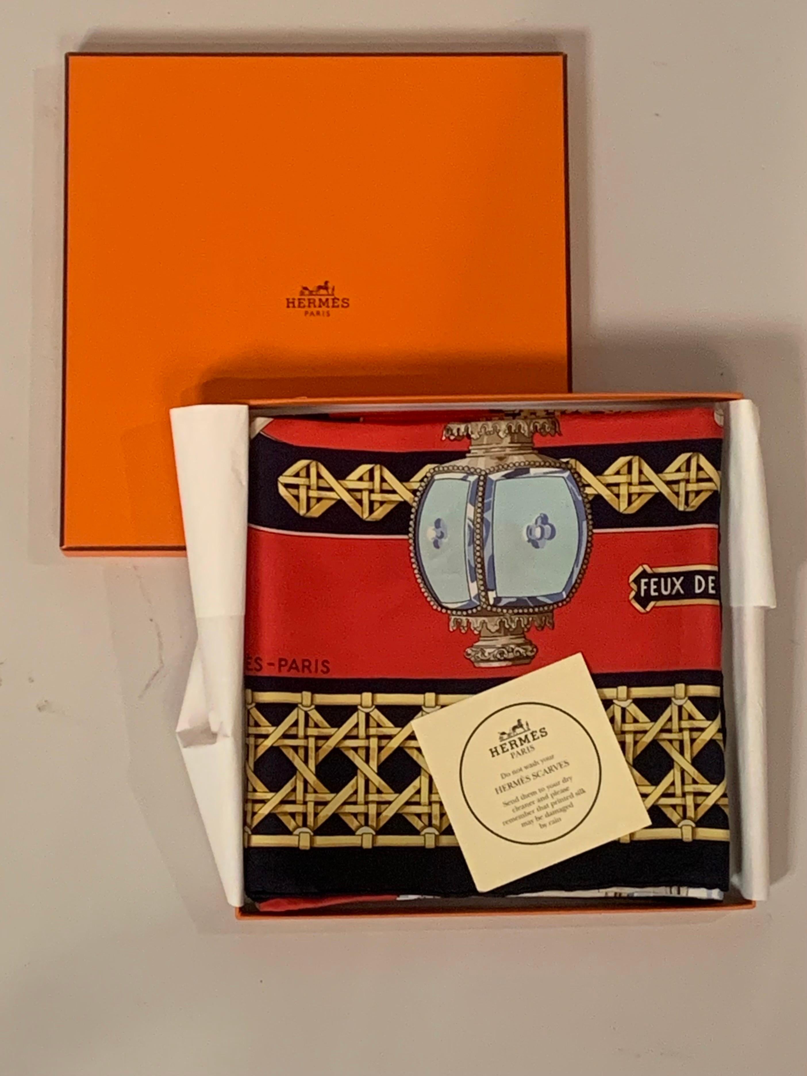 Hermes Silk Scarf Feux De Route Never Worn with Original Box For Sale 4