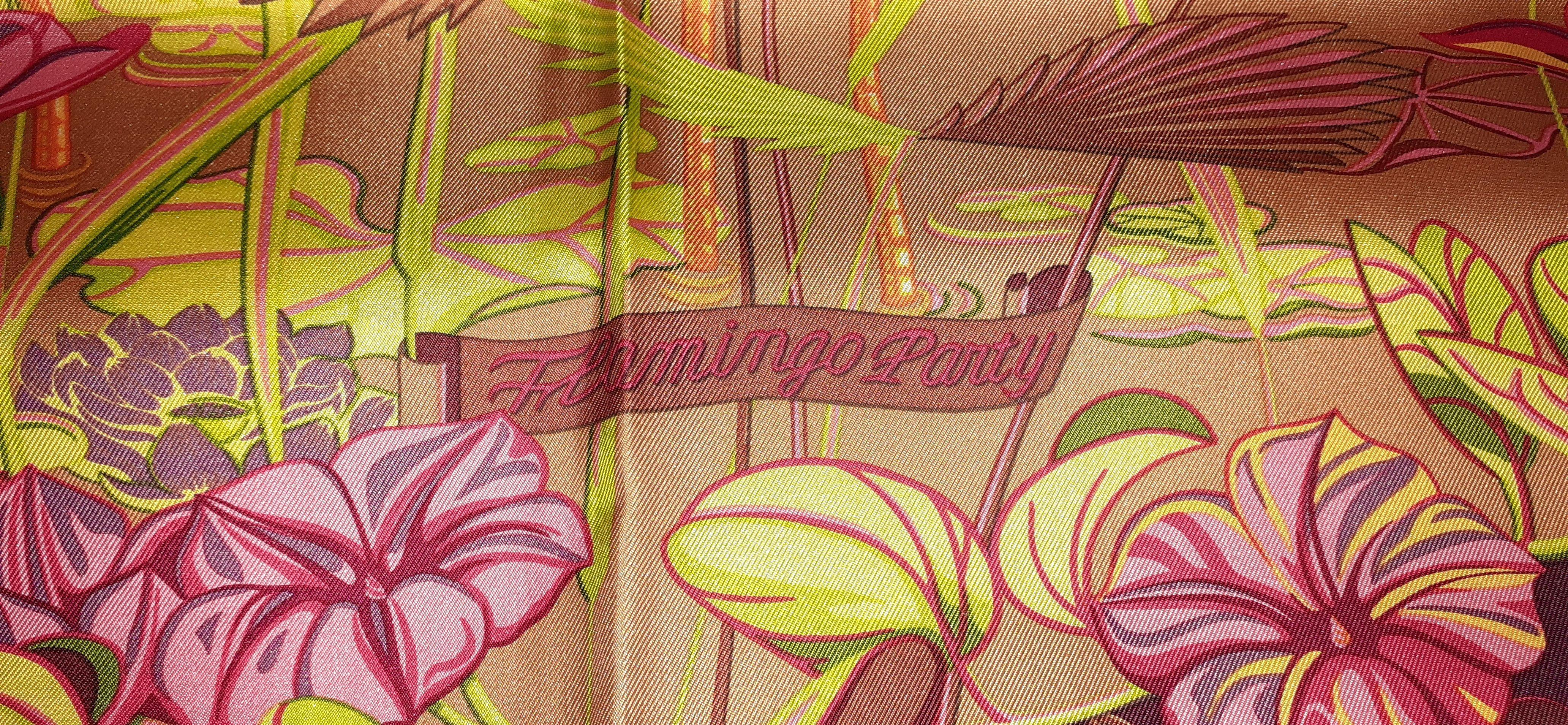 Hermès Silk Scarf Flamingo Party Bourthoumieux 90 cm For Sale 11