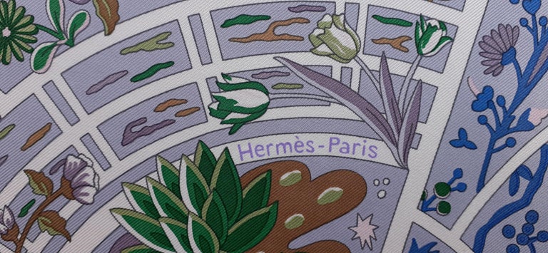 Foulard en soie Hermès Fleurs de Giverny Christine Henry Parme 90 cm En vente 7