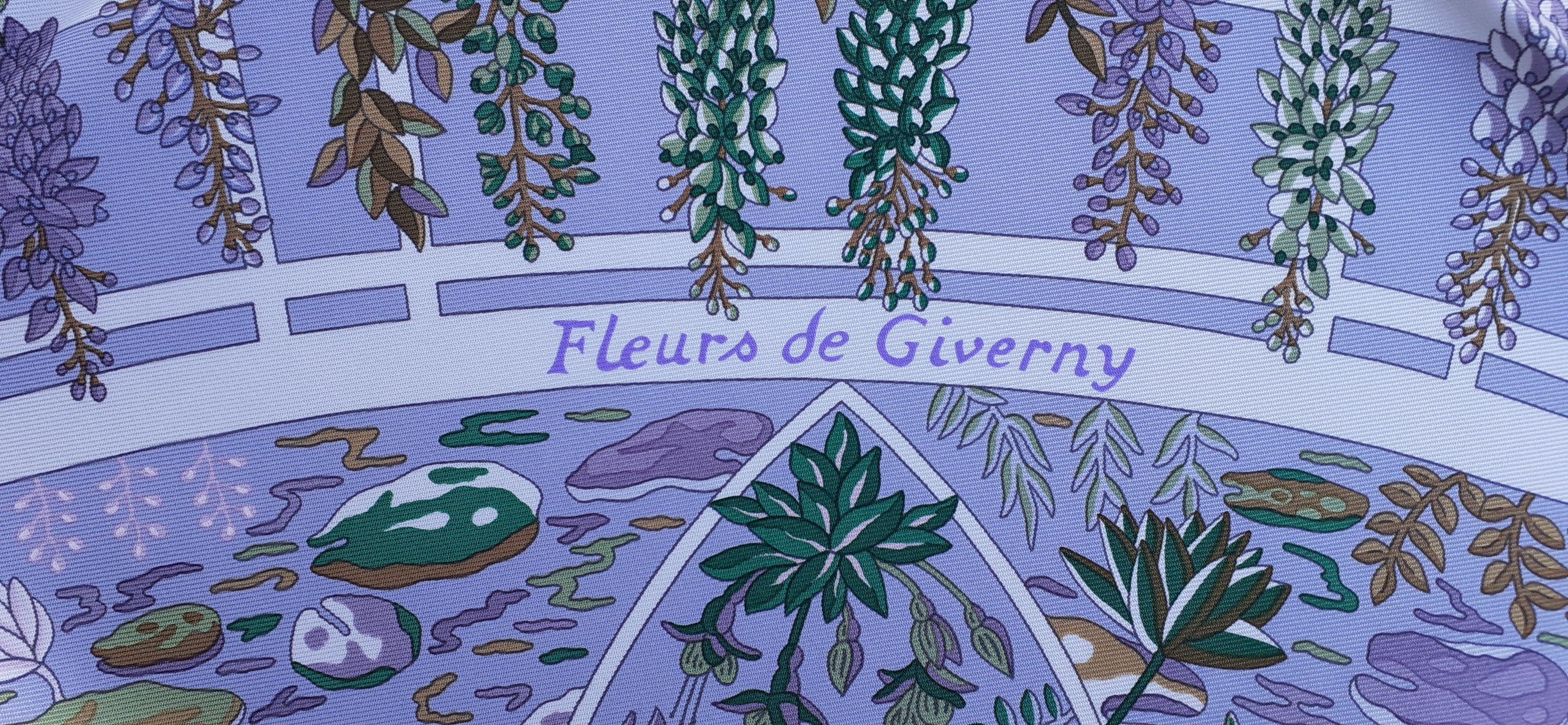 Hermes Silk Scarf Fleurs de Giverny Christine Henry Parme 90 cm For Sale 9