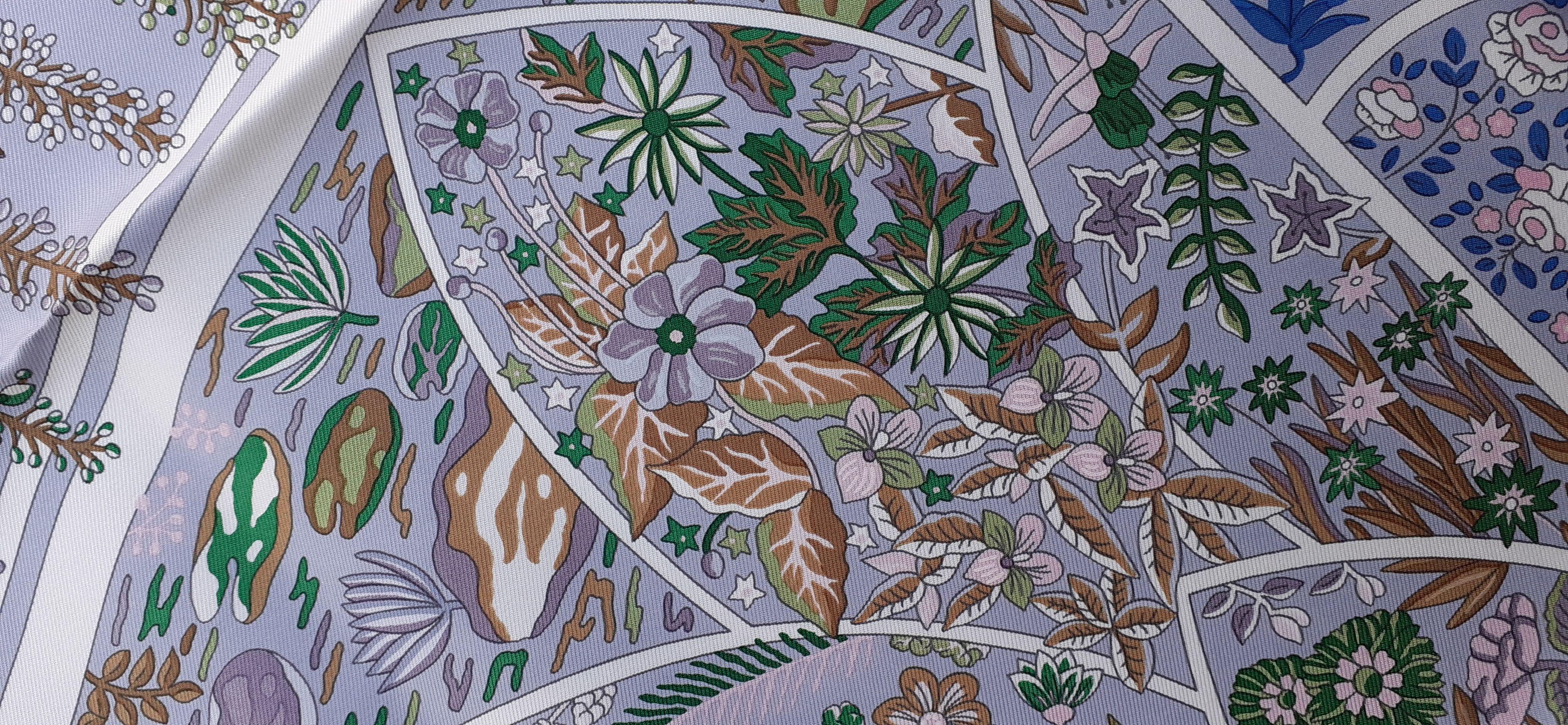 Hermes Silk Scarf Fleurs de Giverny Christine Henry Parme 90 cm For Sale 4