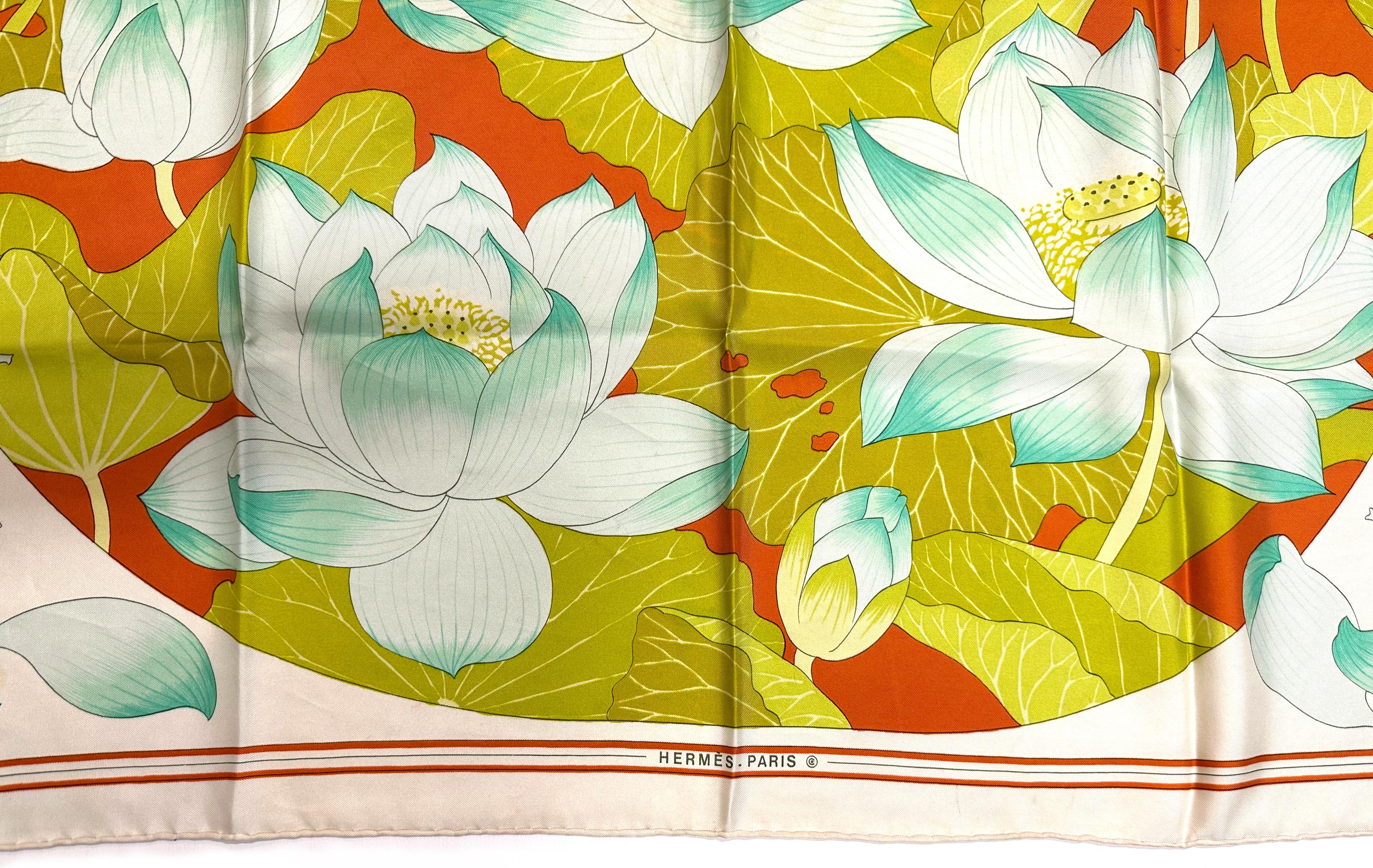 
Hermes Silk Scarf, Fleurs De Lotus
Designed by Christiane Vauzelles, stained.
35 by 35 in.
Condition Report
Water or perfume stain.

