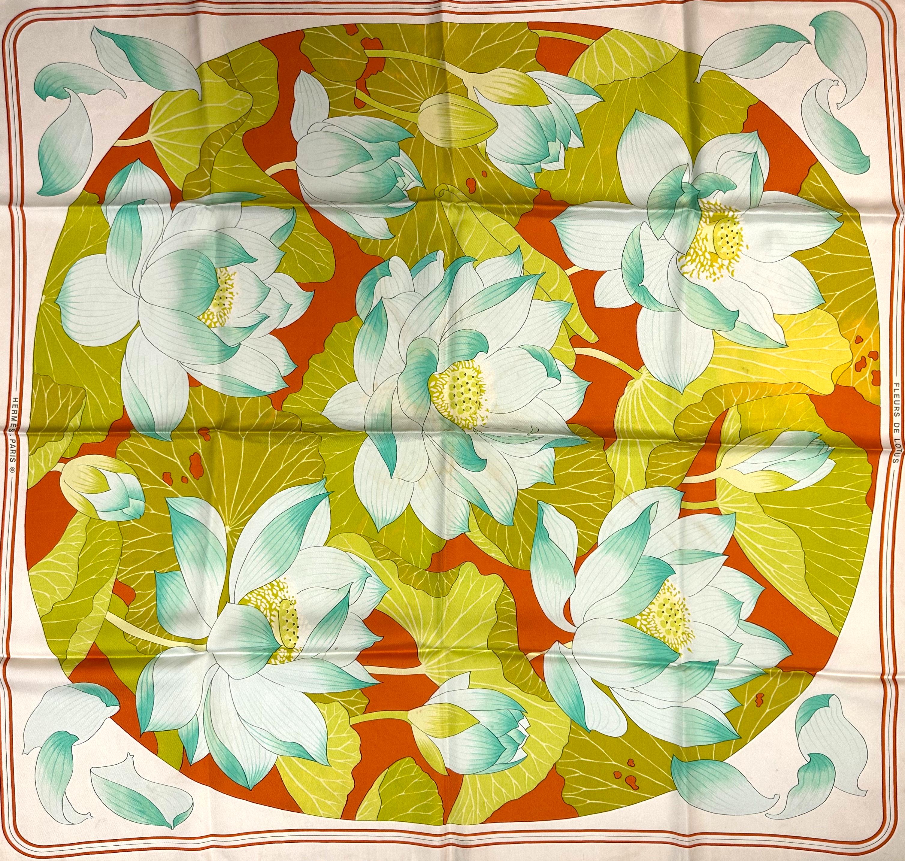 Beige Hermes Silk Scarf, Fleurs De Lotus For Sale