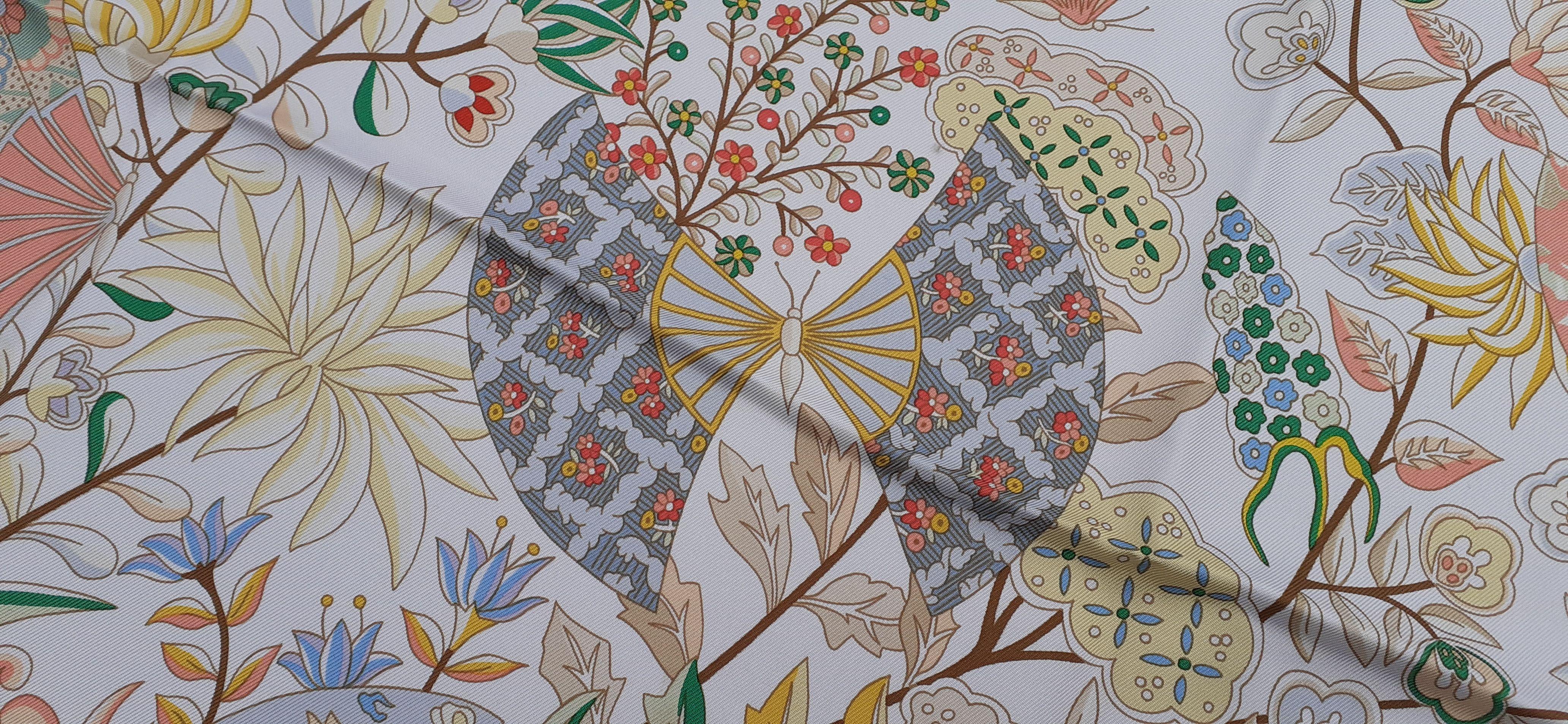 Hermès Silk Scarf Fleurs et Papillons de Tissus Butterflies White 90 cm 3