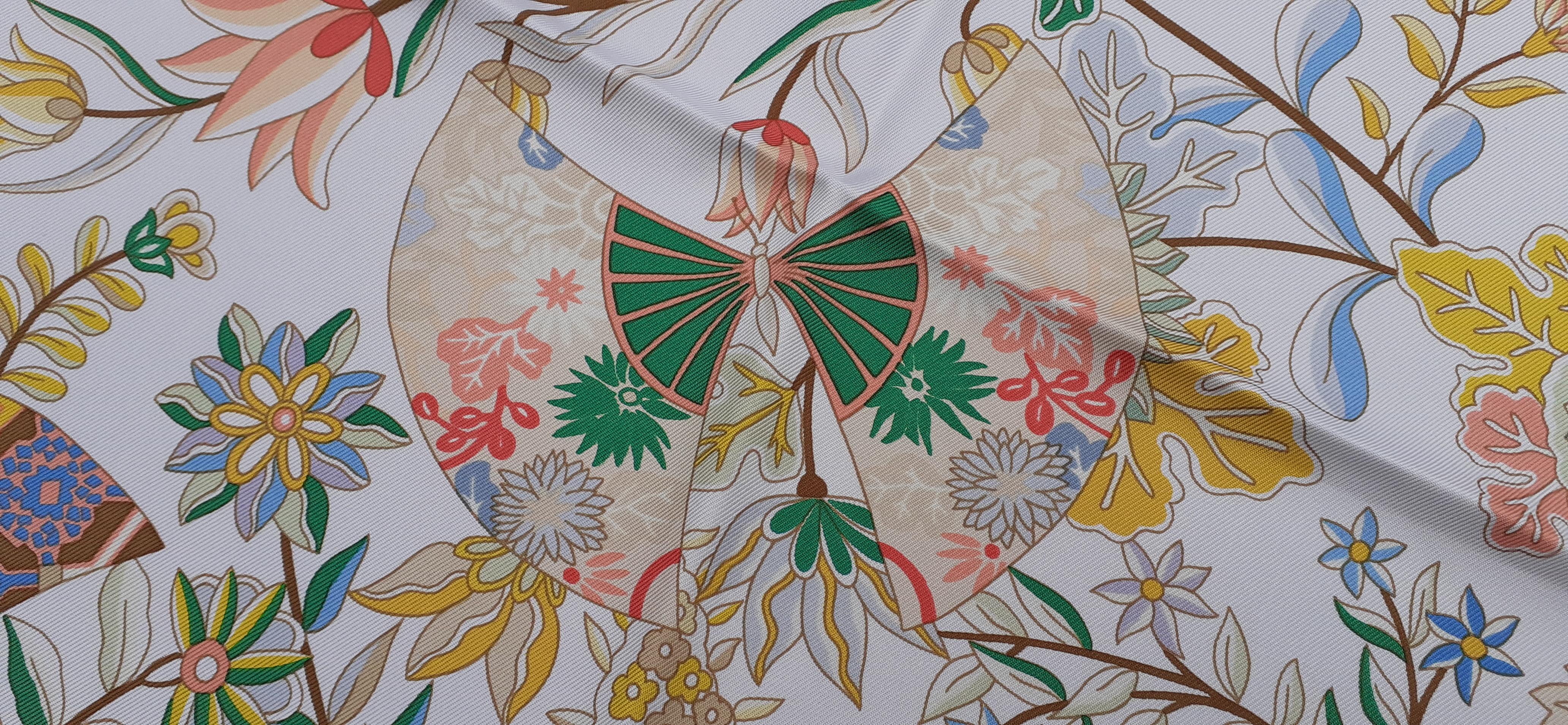 Hermès Silk Scarf Fleurs et Papillons de Tissus Butterflies White 90 cm 4
