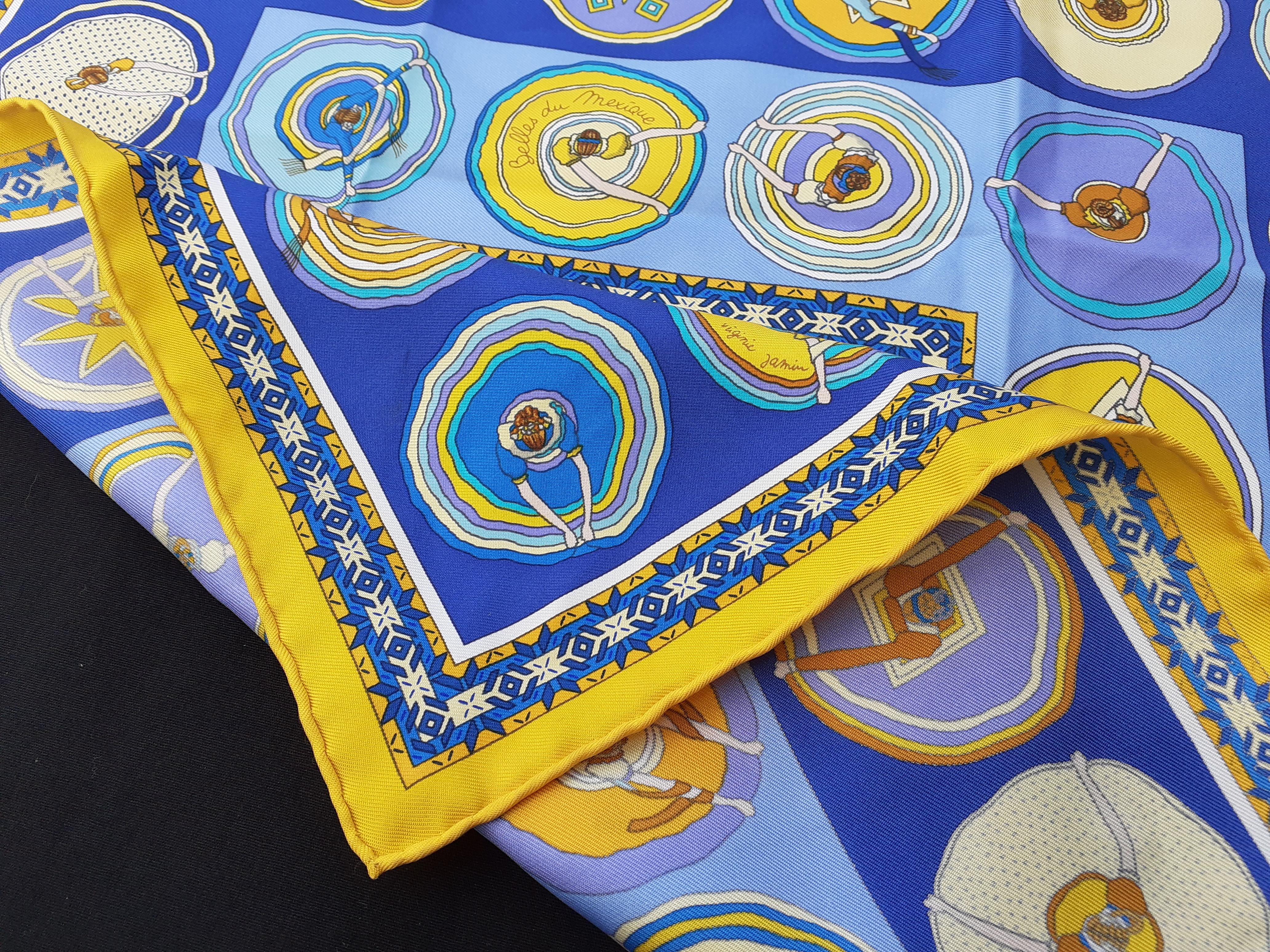 Hermès Silk Scarf Gavroche Pocket Square Belles du Mexique Jamin Yellow Blue 16' 4