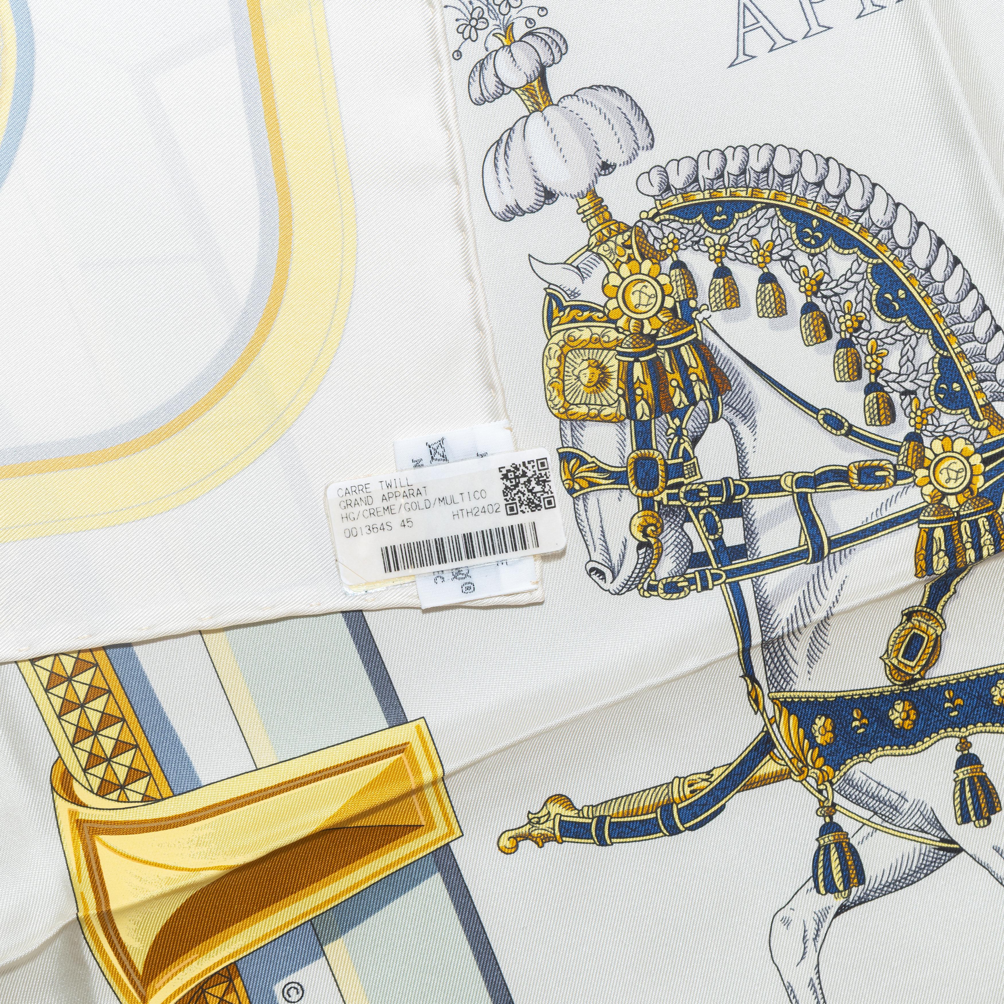 Grand Apparat – Crème – Or – NWST - 2508161705

Brand: Hermès
Type/Model: Scarf 90 Silk Twill
Name Design: Grand Apparat, Grand Apparat
Artist: Jacques Eudel.
Size: 90 cm x 90 cm / 35 in x 35 in
Color: Crème (Cream), Or (Gold)
Fabric: 100% Silk