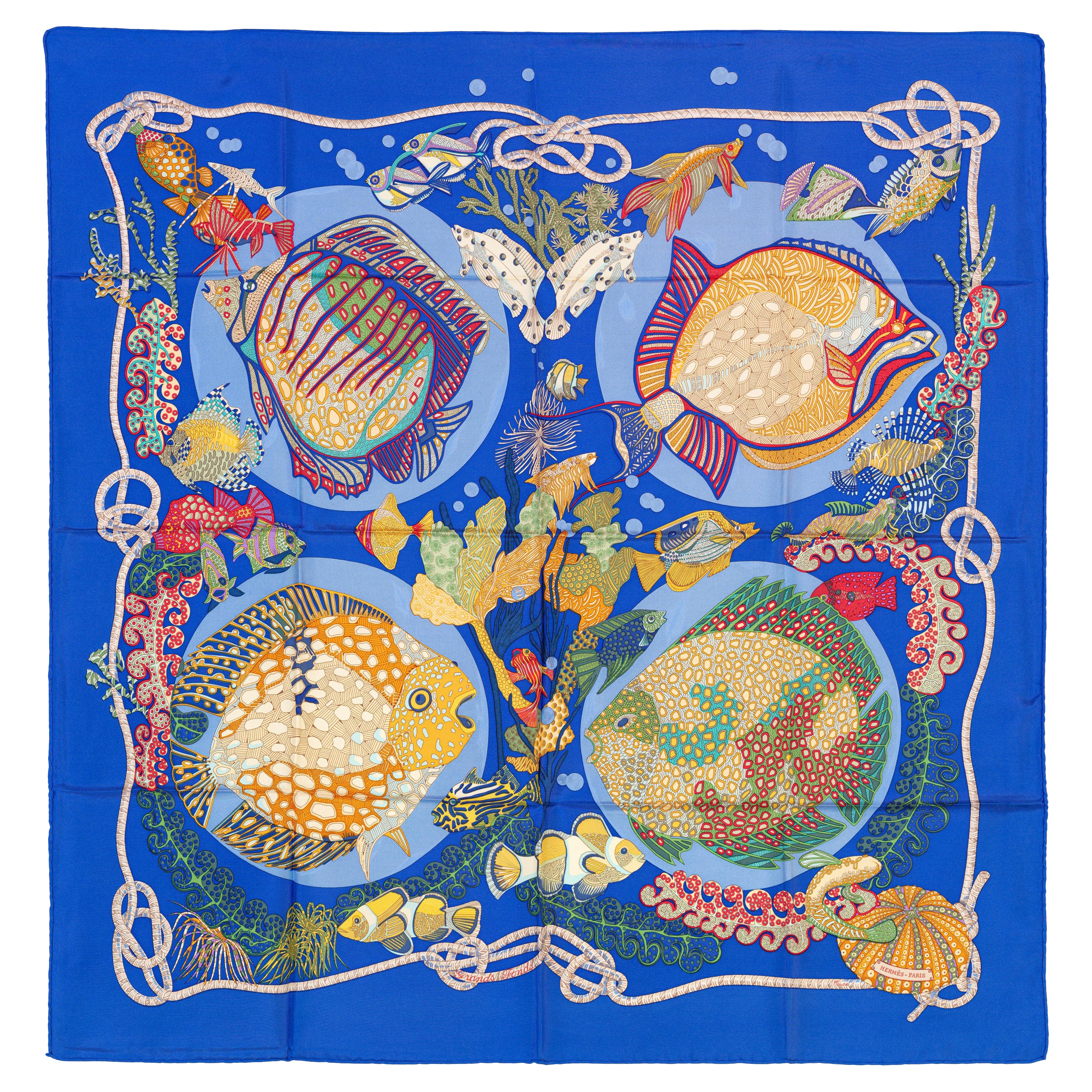 Foulard di seta Hermes - Grands Fonds - Blu cobalto - Ottime condizioni!!!