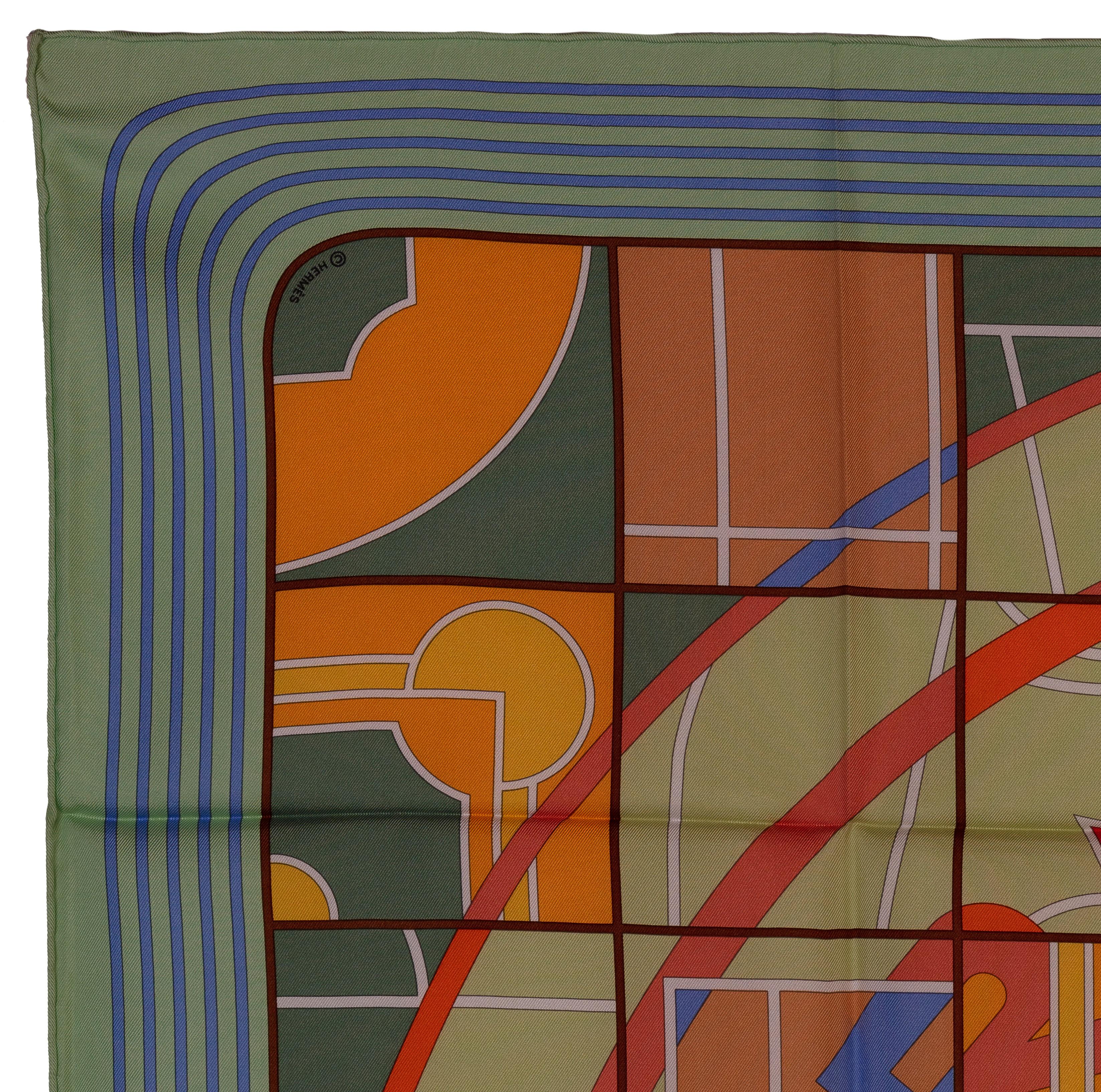 Echarpe en soie Hermes - Hermes Sport - Light Green Periwinkle Orange - Mint en vente 5