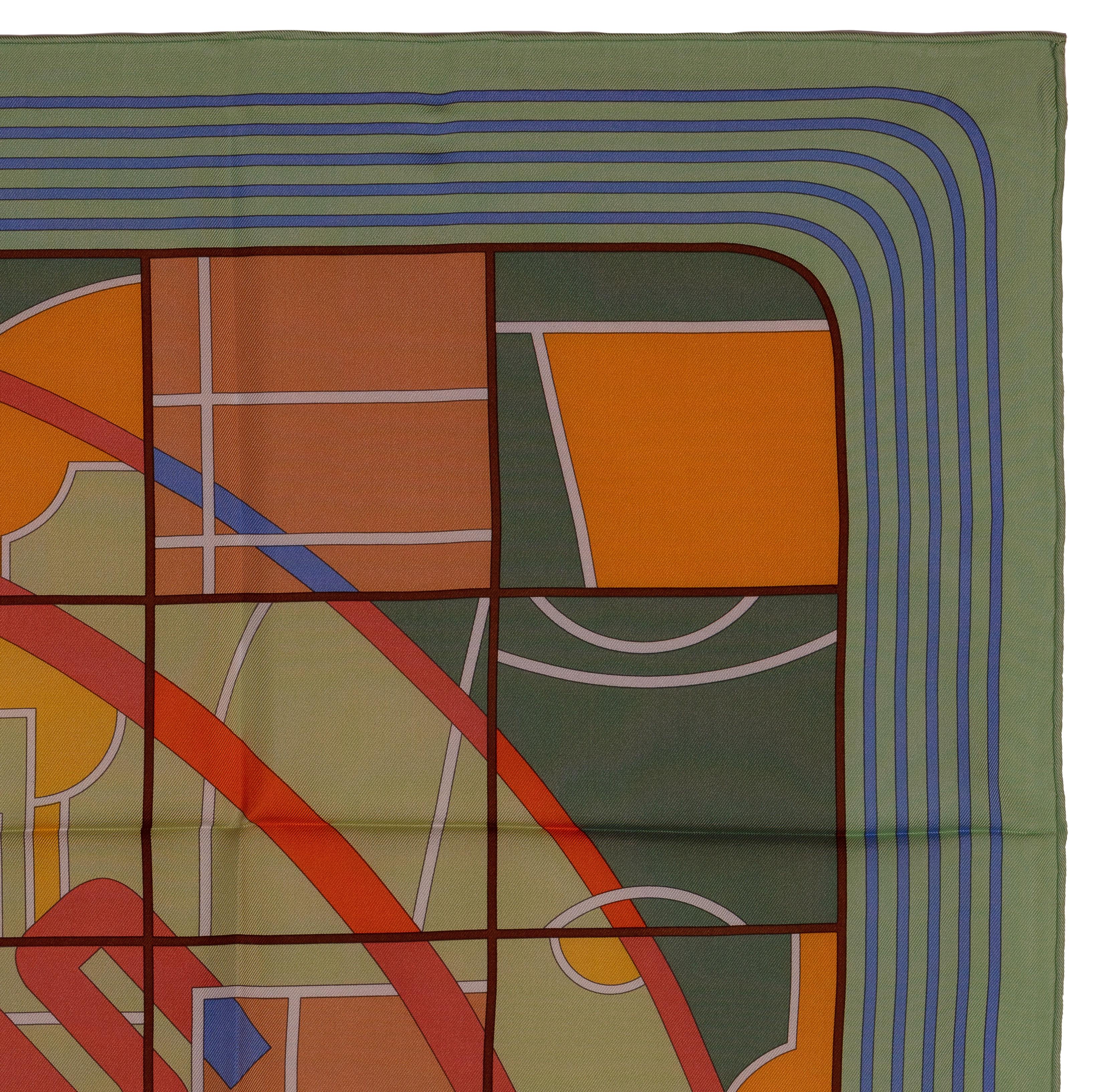Echarpe en soie Hermes - Hermes Sport - Light Green Periwinkle Orange - Mint en vente 3