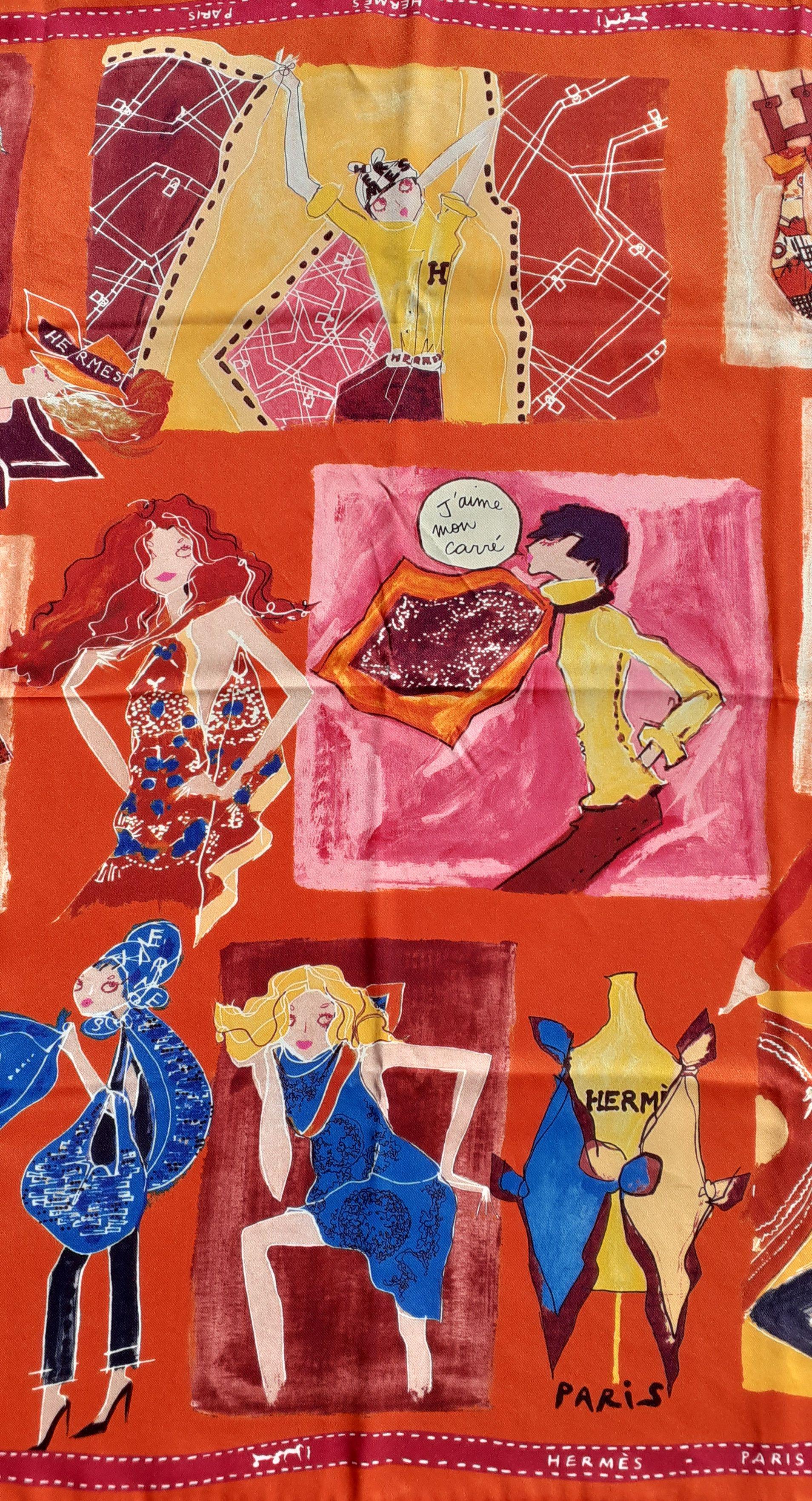 Hermès Seidenschal J'aime Mon Carré Orange Gelb Rosa 70 cm im Zustand „Hervorragend“ in Corcoué Sur Logne, Loire-Atlantique
