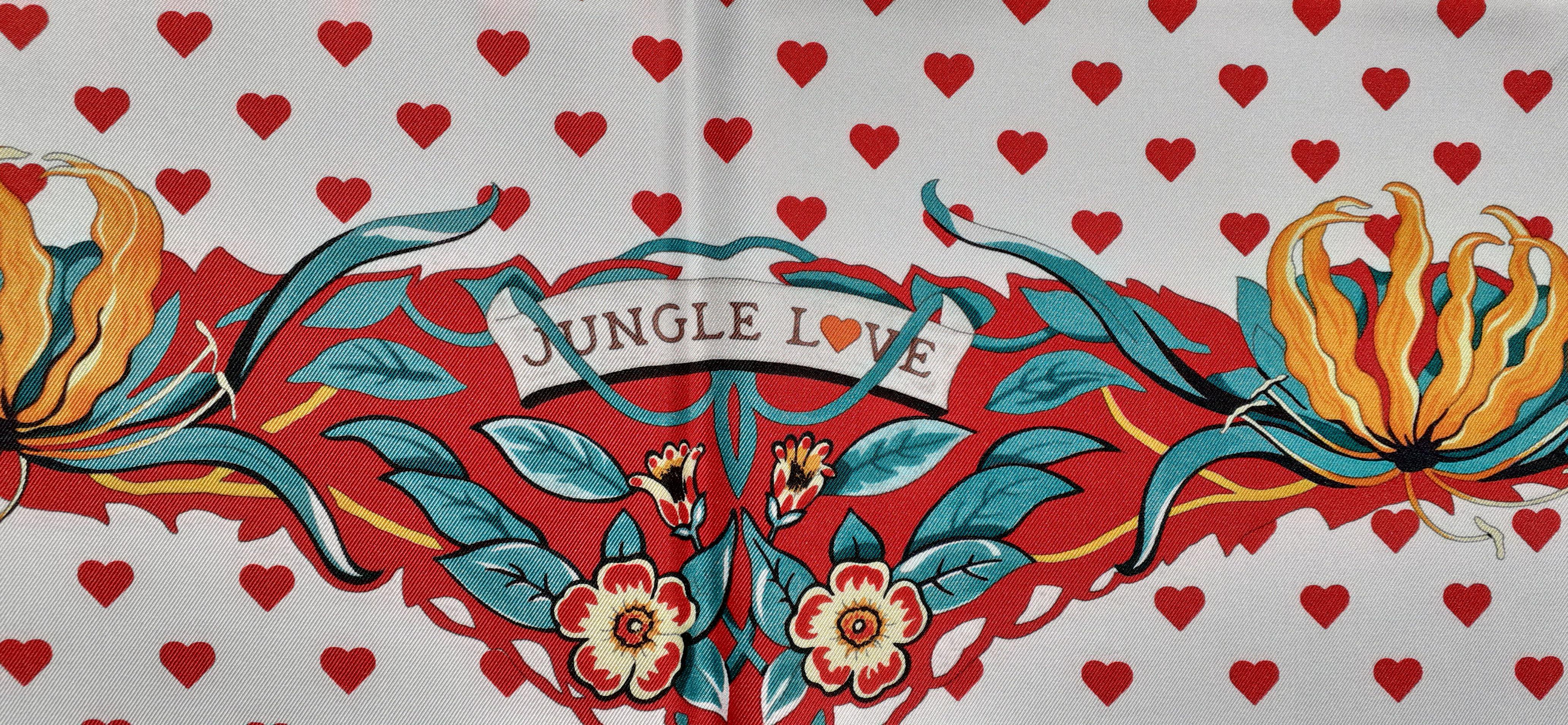 Hermès Silk Scarf Jungle Love Love Hearts Printed Robert Dallet White 90 cm 7
