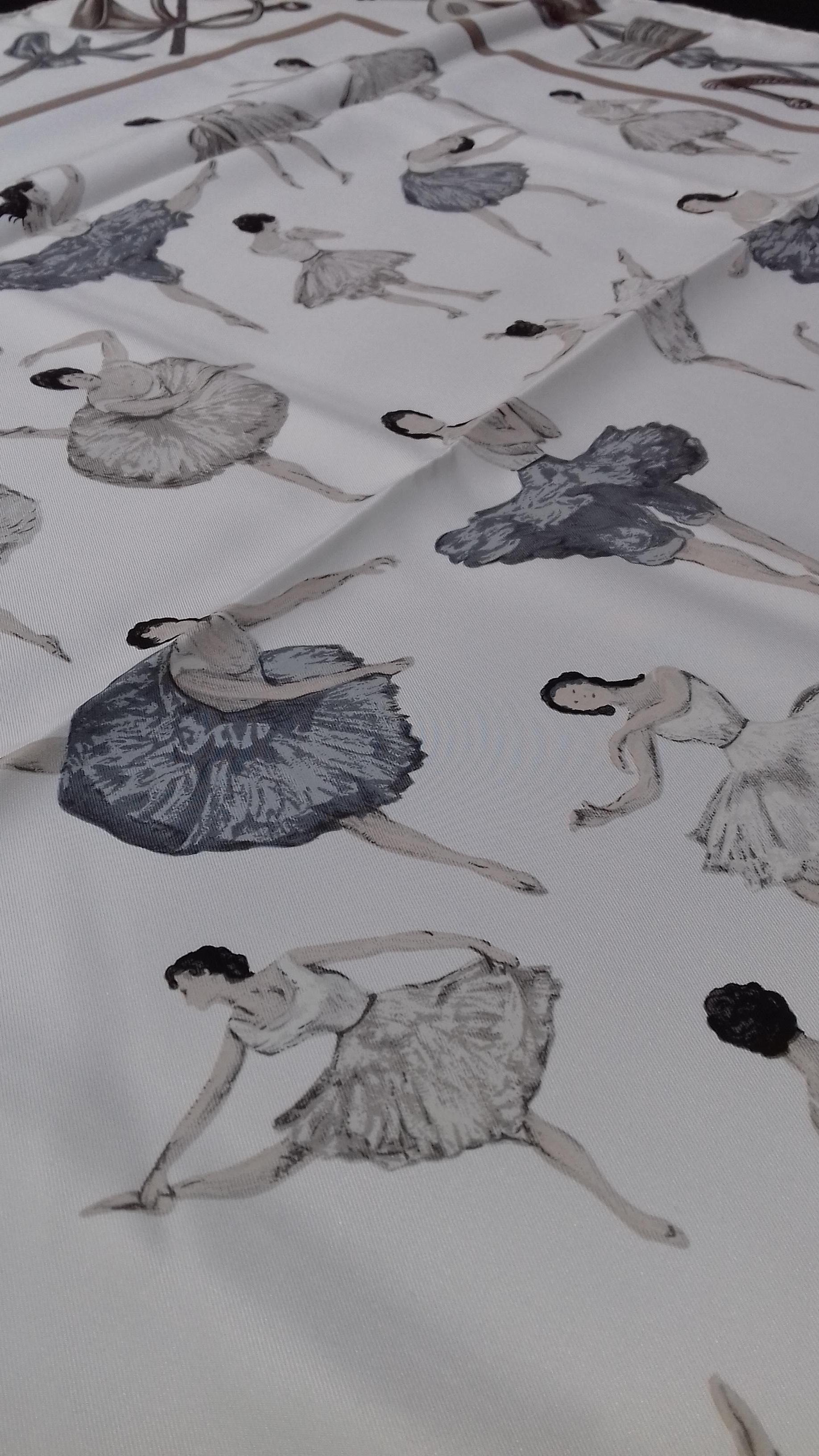 Hermès Silk Scarf La Danse Jean Louis Clerc White Etoupe Grey 90 cm GRAIL 7