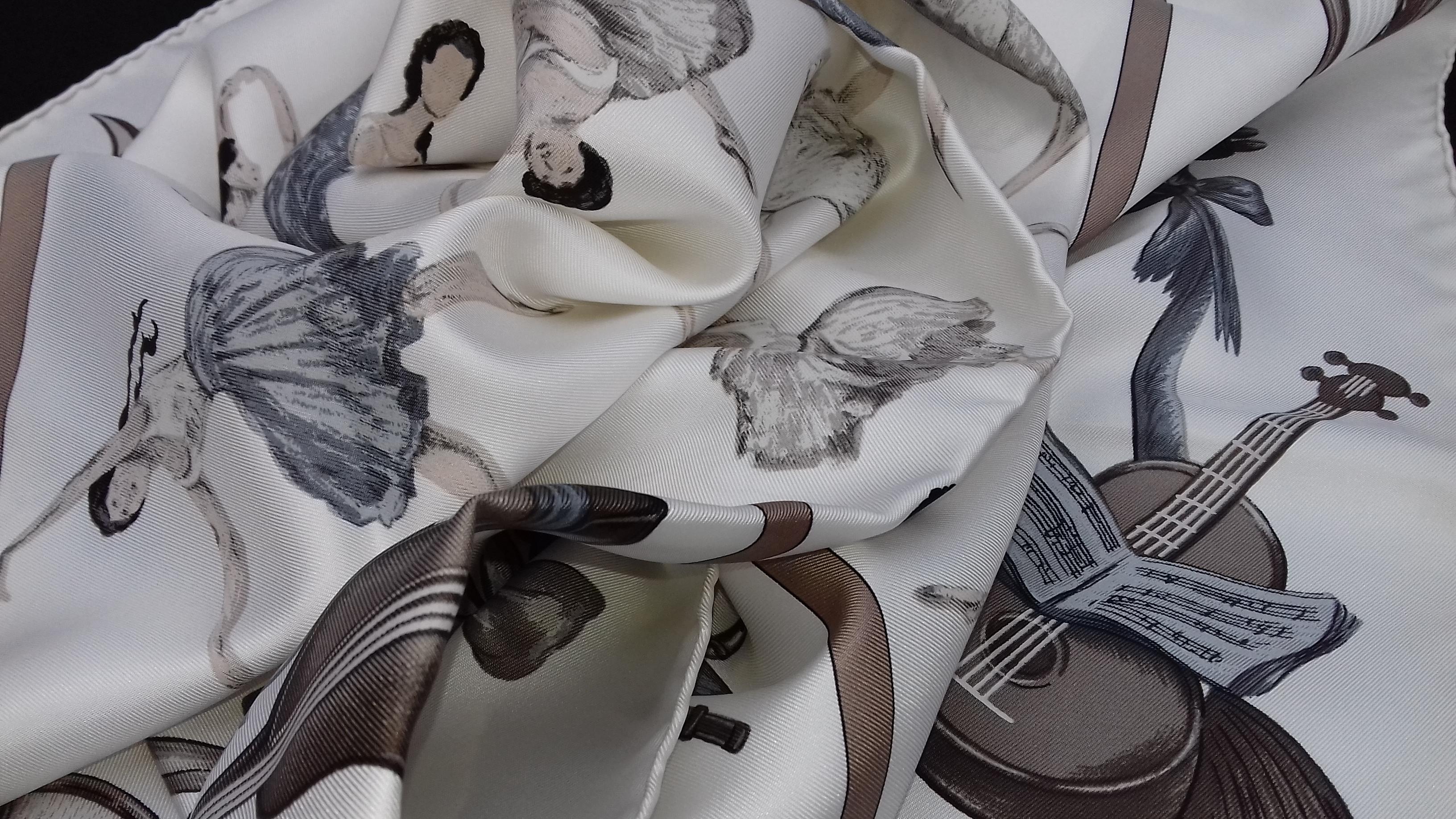 Hermès Silk Scarf La Danse Jean Louis Clerc White Etoupe Grey 90 cm GRAIL 11