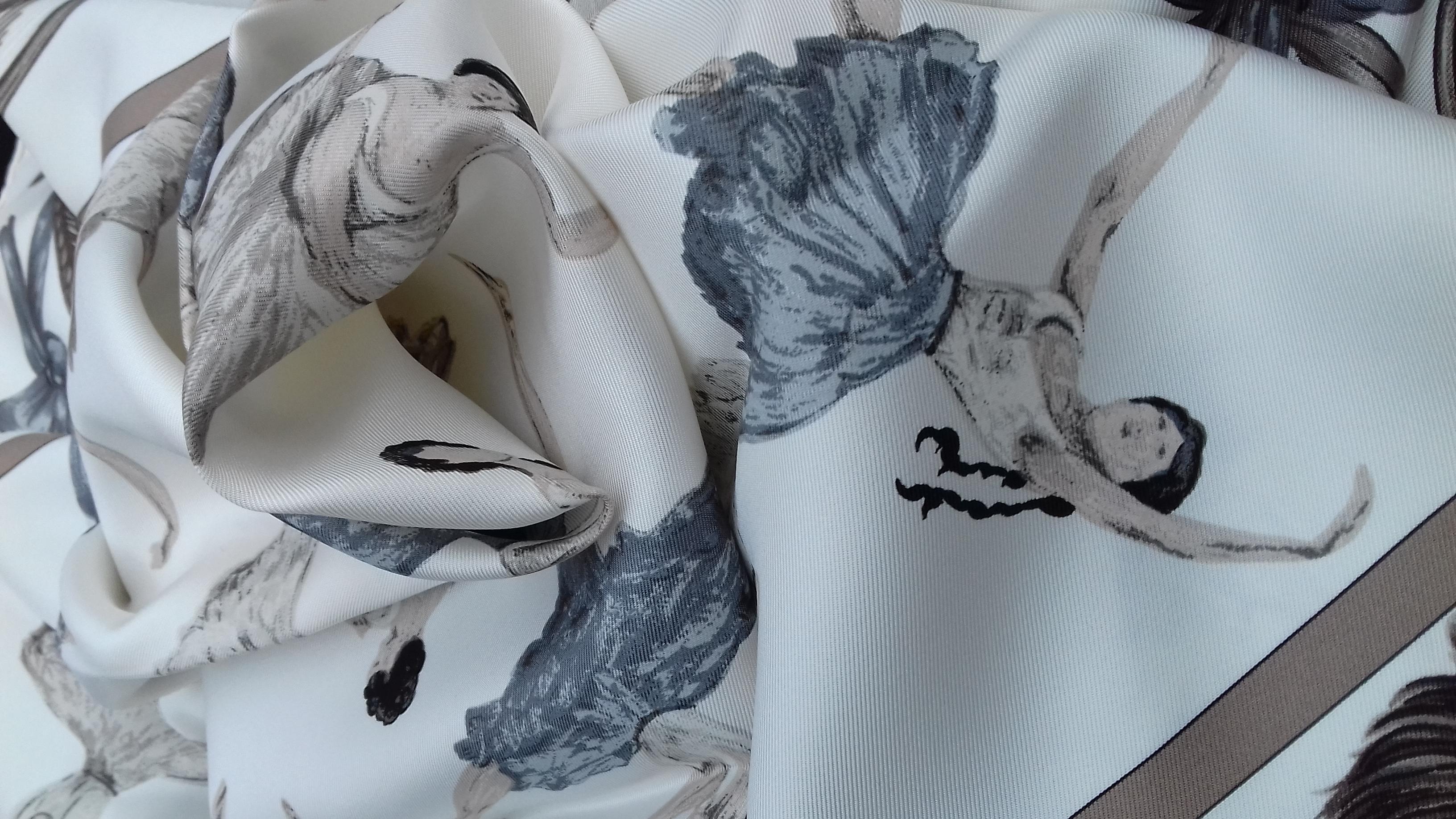 Hermès Silk Scarf La Danse Jean Louis Clerc White Etoupe Grey 90 cm GRAIL 12