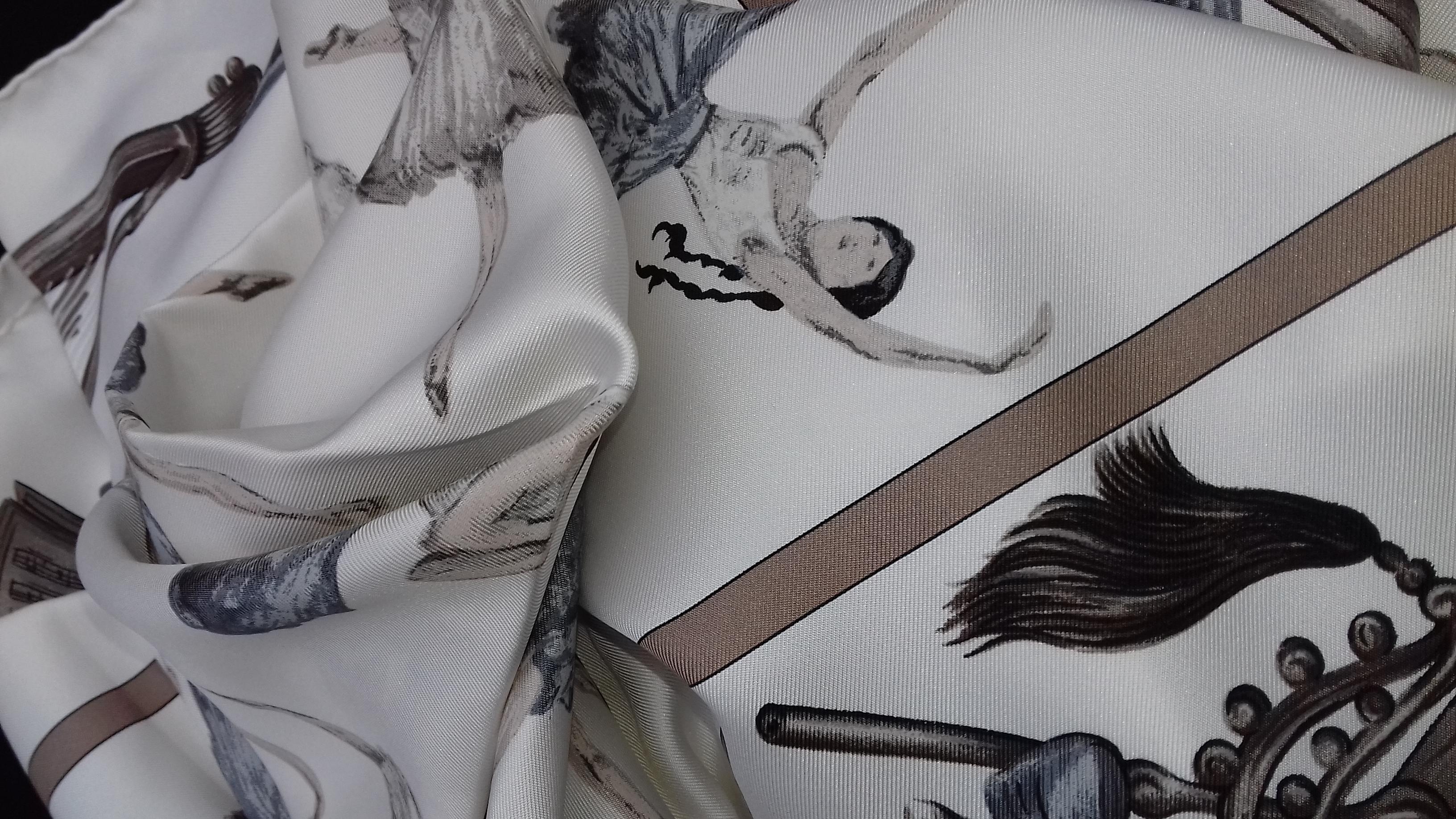 Hermès Silk Scarf La Danse Jean Louis Clerc White Etoupe Grey 90 cm GRAIL 13