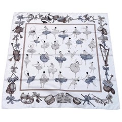 Hermès Silk Scarf La Danse Jean Louis Clerc White Etoupe Grey 90 cm GRAIL