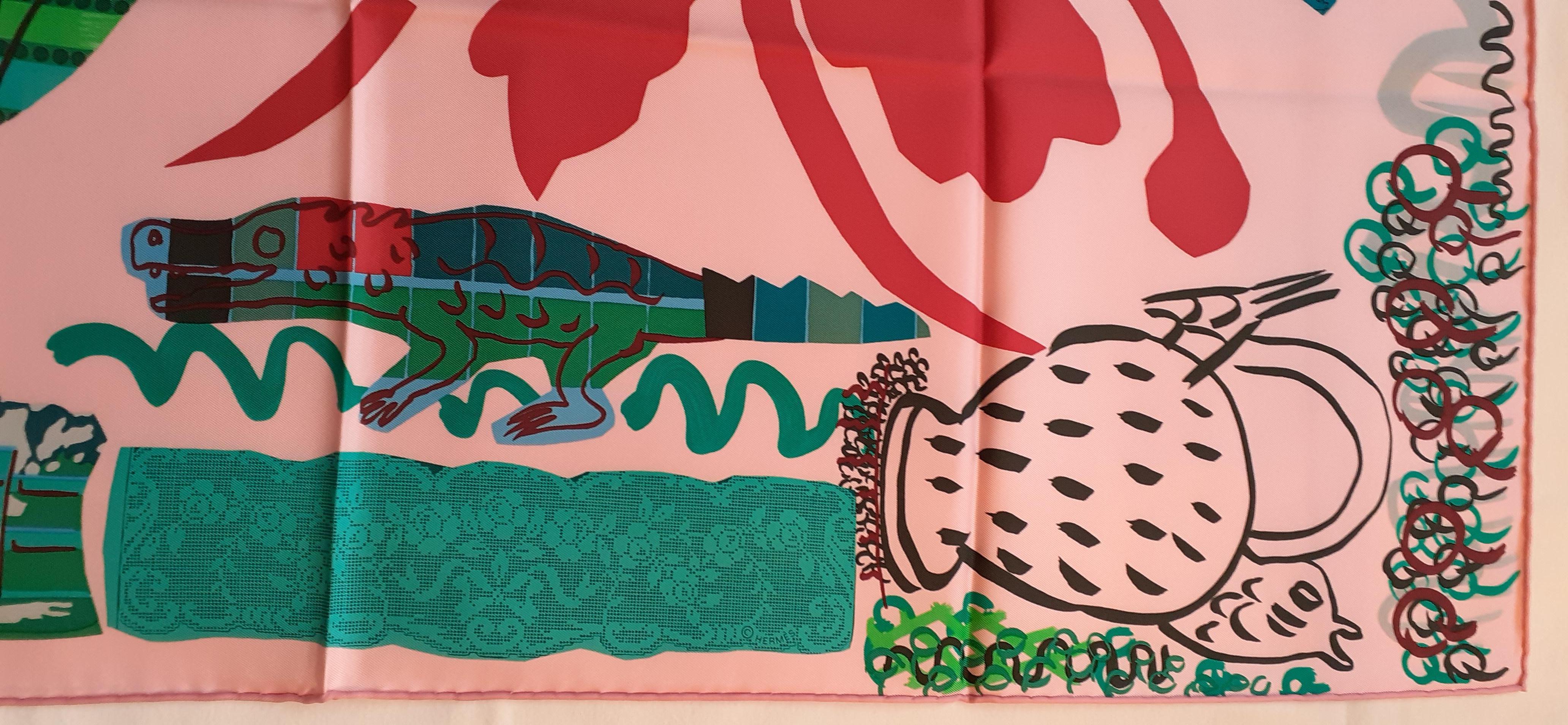 Hermès Silk Scarf La Maison des Oiseaux Parleurs Bela Silva Pink Green 90cm 3