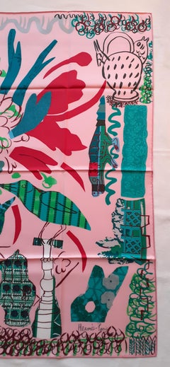 Hermès Silk Scarf La Maison des Oiseaux Parleurs Bela Silva Pink Green 90cm