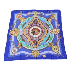 Vintage Hermès Silk Scarf La Ronde des Heures Loic Dubigeon Blue 35 inches