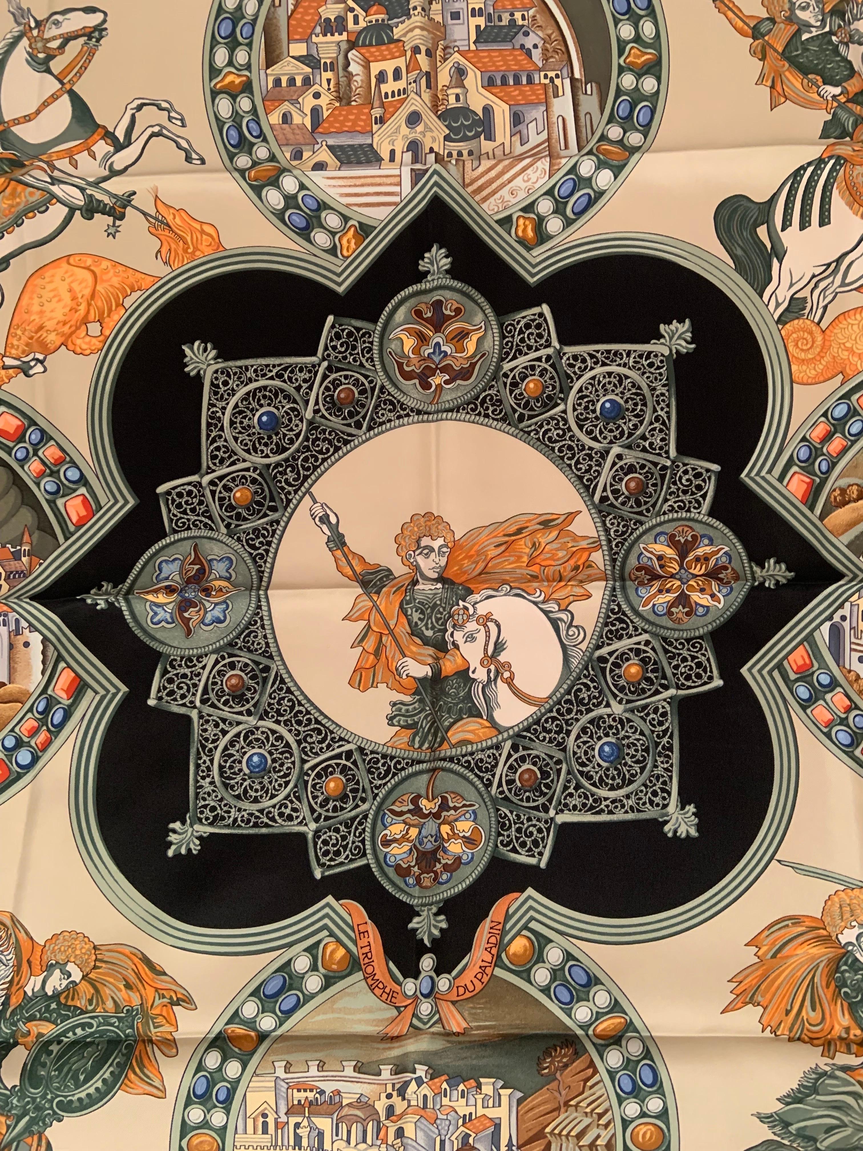 This stunning Hermes scarf was designed by Julia Abadie for Hermes, Paris in 1999.  It depicts a Knight of the court of Charlemagne.  These knights were famous for their heroism and chivalry.  The scarf has never been worn and is in excellent