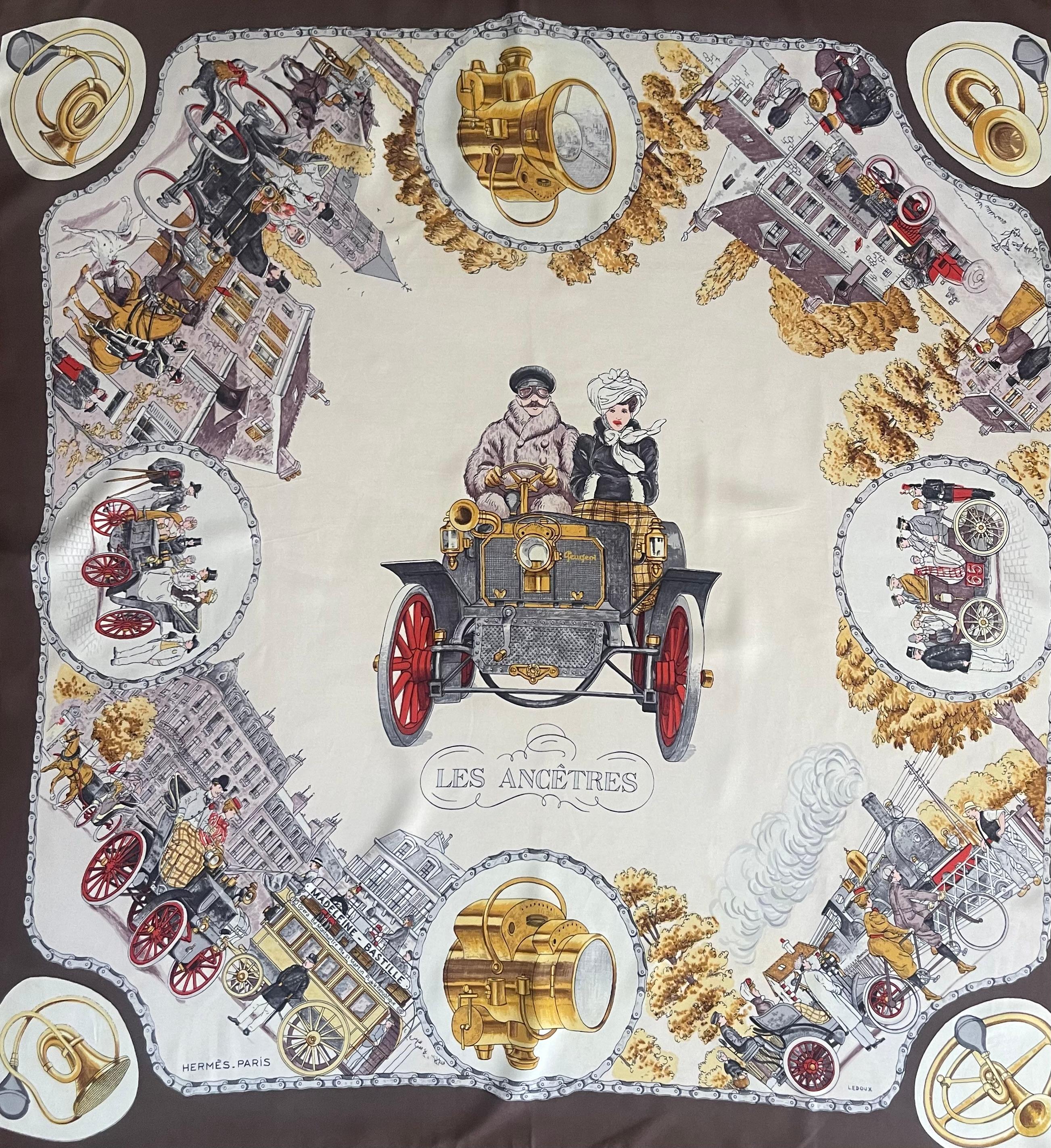 Hermes Silk Scarf “Les Ancêtres” 1963. Please note this item is in good condition with minor wear consistent with age and use. This beautiful scarf was designed in 1963 by Philippe Ledoux, with only one edition, this scarf can be concidered a