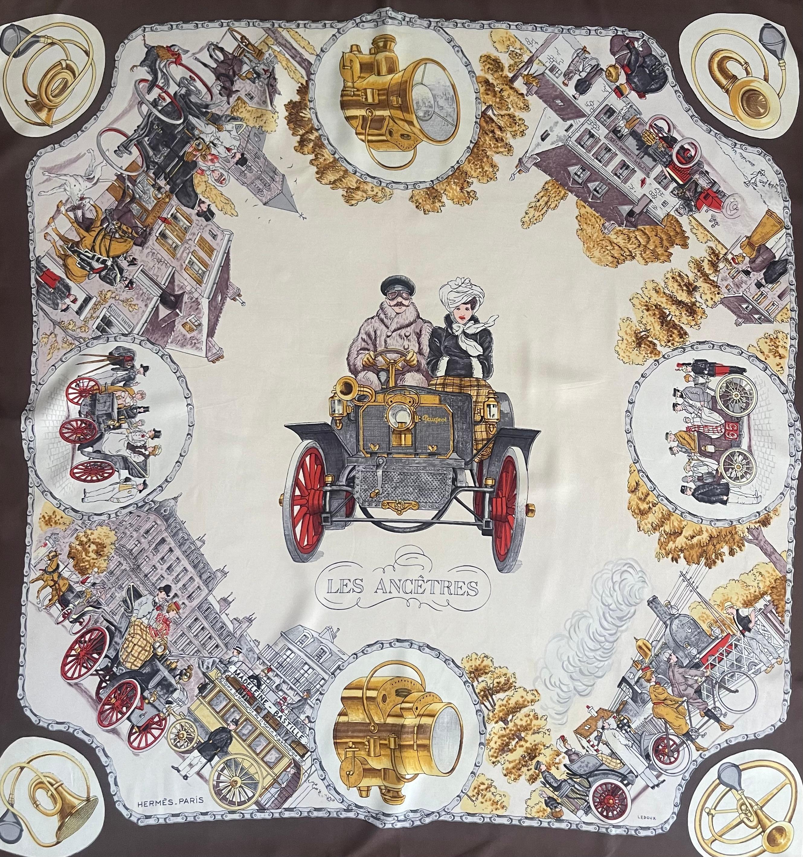 Gray Hermes Silk Scarf “Les Ancêtres” 1963. For Sale