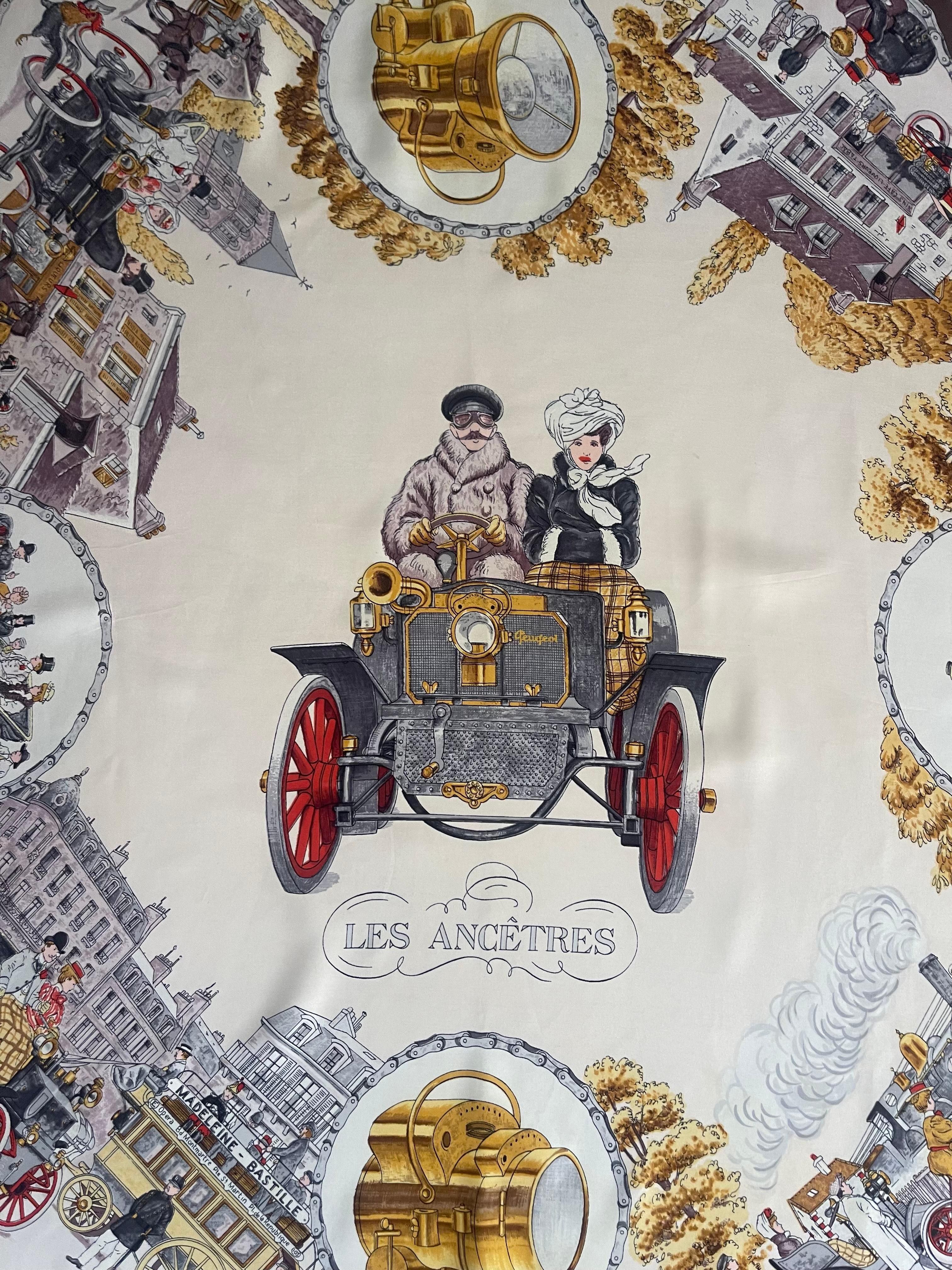 Hermes Silk Scarf “Les Ancêtres” 1963. In Good Condition For Sale In Palm Beach, FL