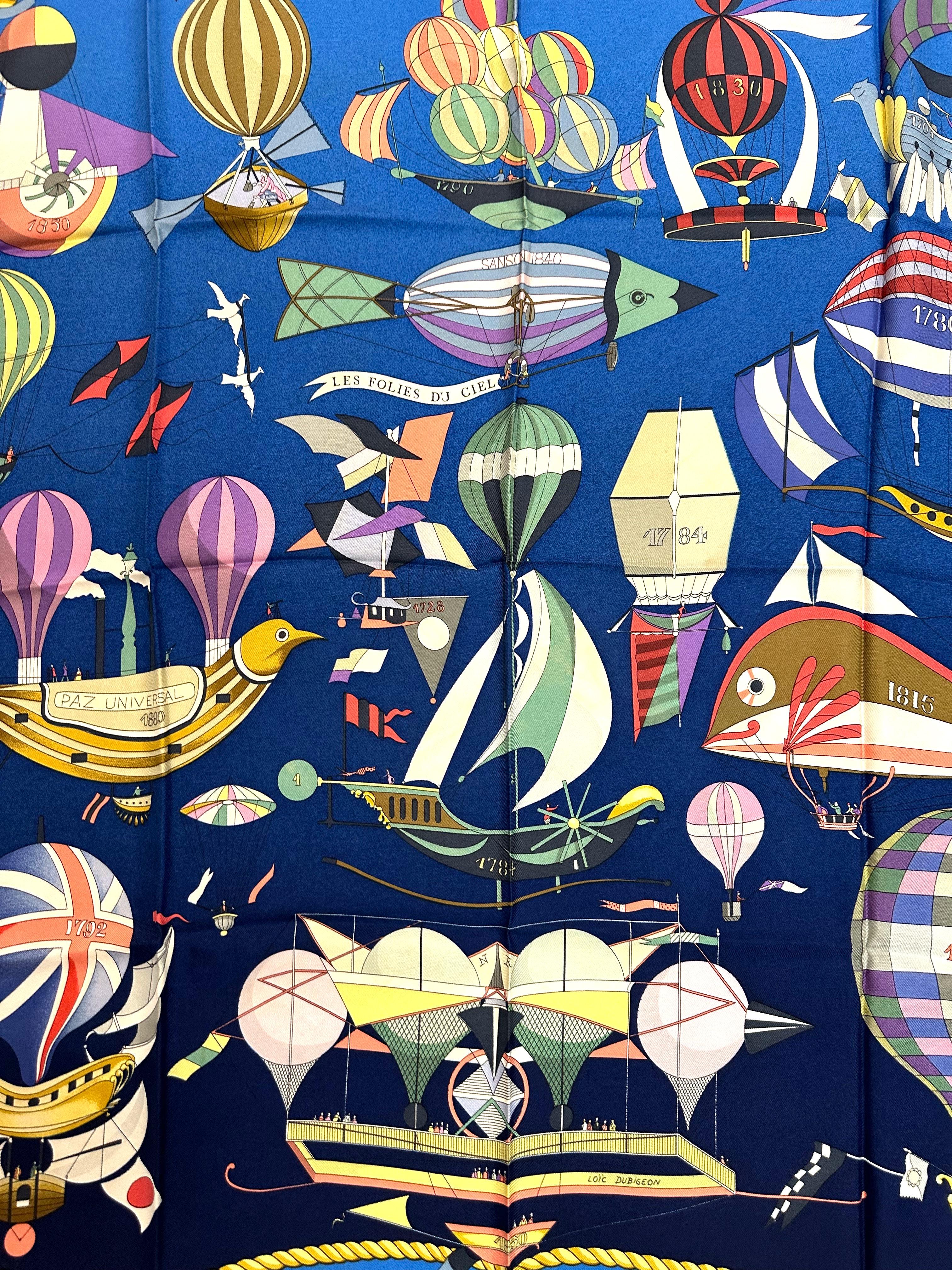 Blue Hermes Silk Scarf, Les Folies Du Ciel For Sale