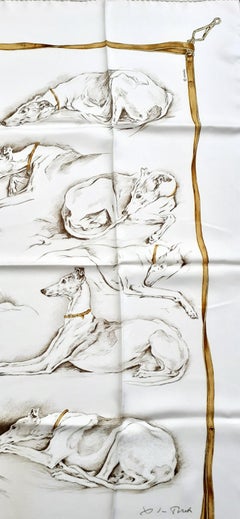 Hermès Silk Scarf Les Lévrier Greyhound Dogs Xavier de Poret White Gold 90 cm