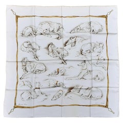 Hermès Silk Scarf Les Lévrier Greyhound Dogs Xavier de Poret White Gold 90 cm