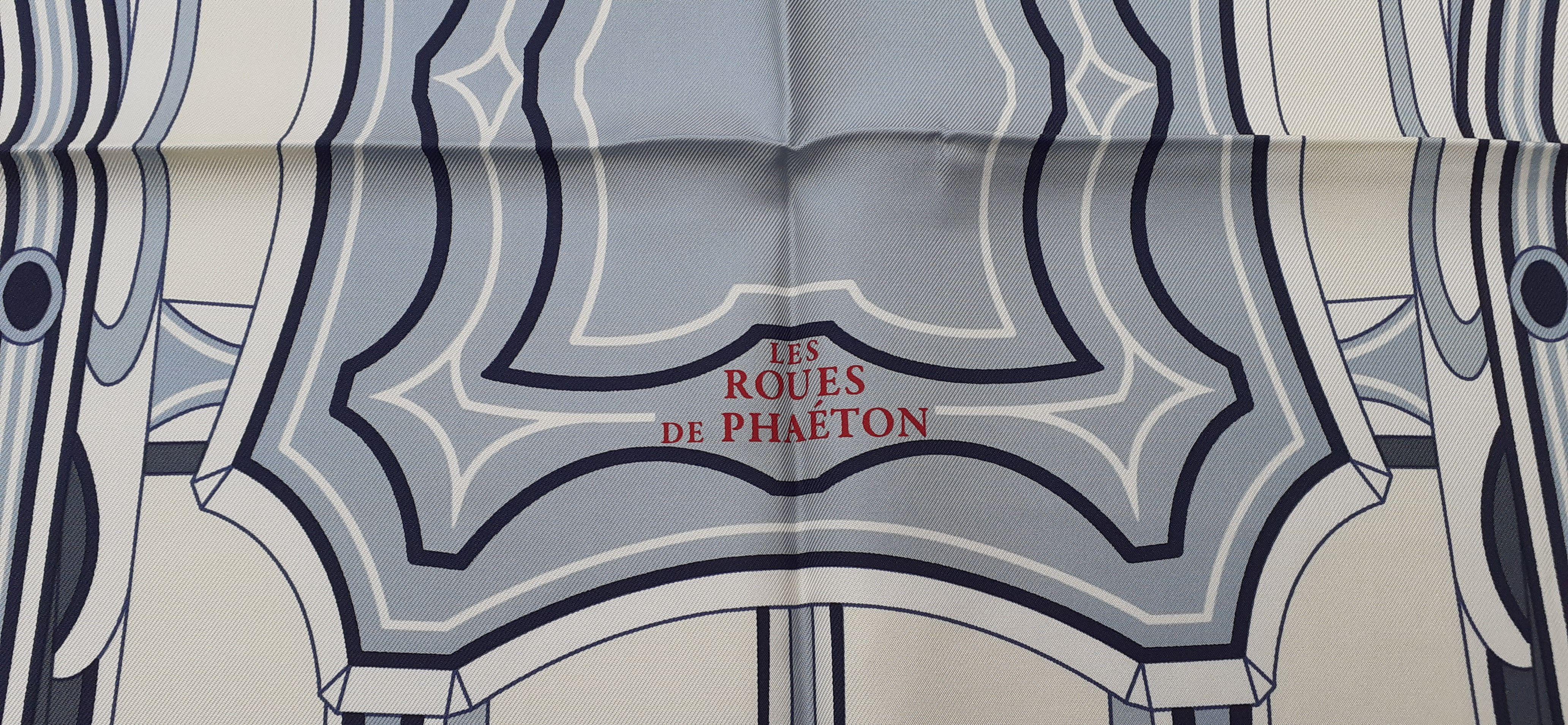 Hermès Silk Scarf Les Roues de Phaeton Ivory Blue 90 cm For Sale 1