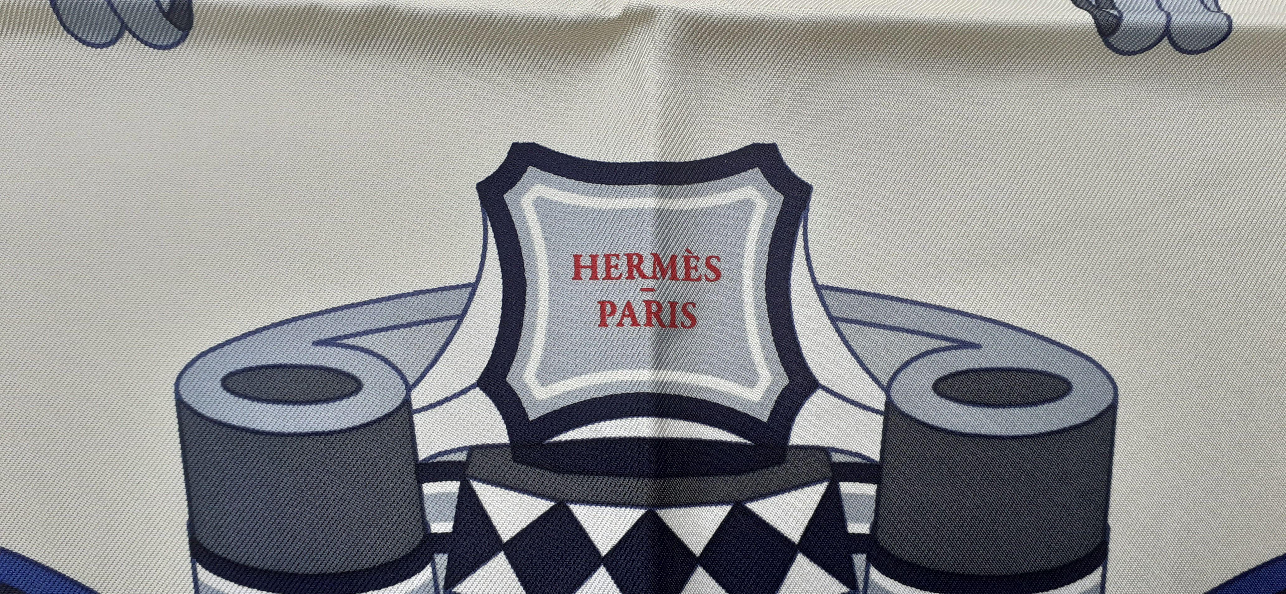 Hermès Silk Scarf Les Roues de Phaeton Ivory Blue 90 cm For Sale 2