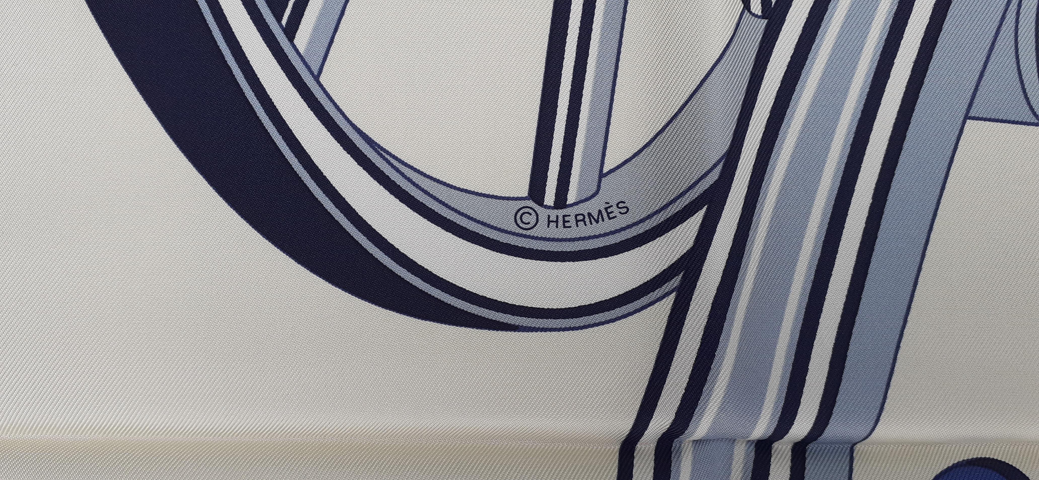 Hermès Silk Scarf Les Roues de Phaeton Ivory Blue 90 cm For Sale 4