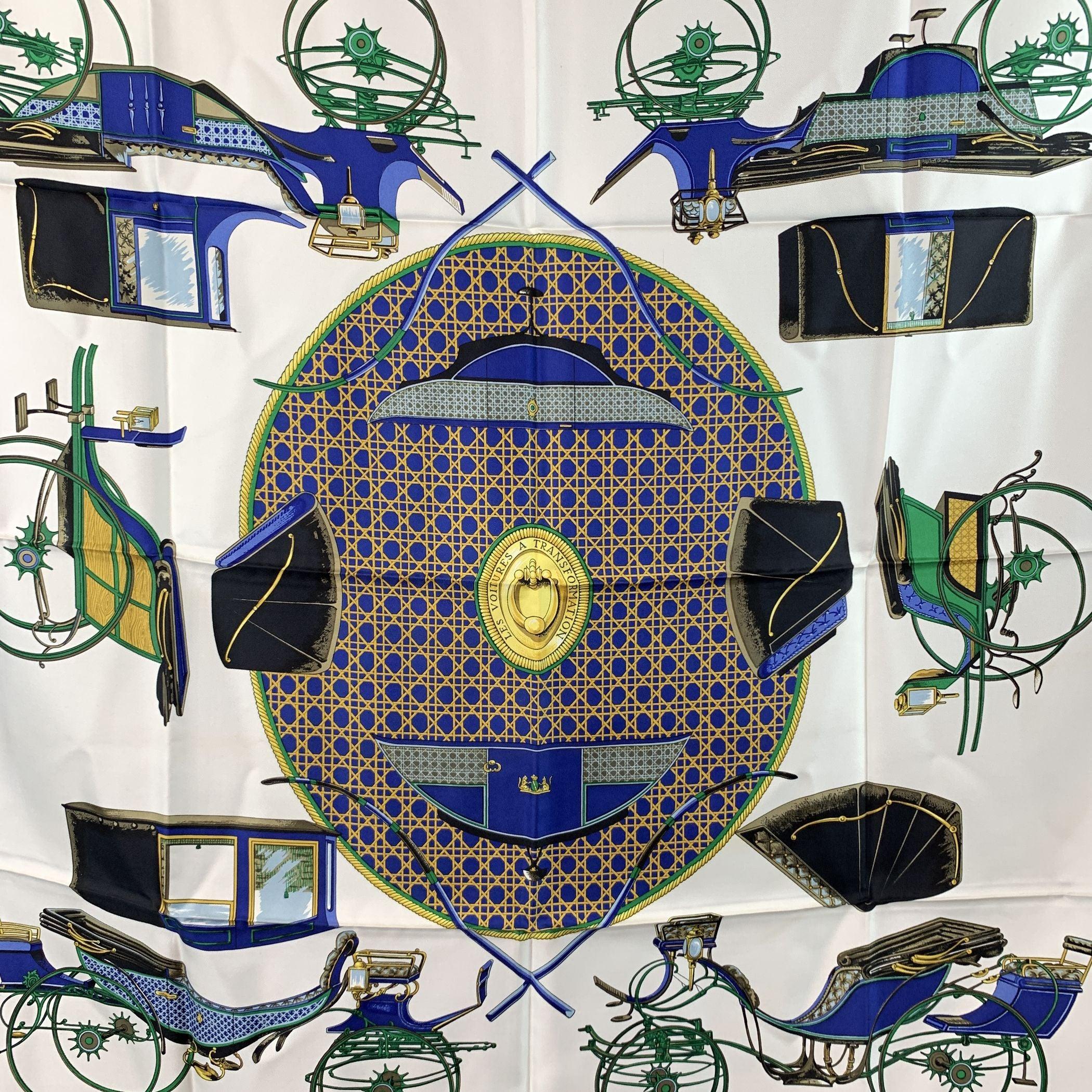 Step into the world of vintage luxury with the HERMÈS 'Les Voitures à Transformation' silk scarf, a true classic designed by Françoise de La Perrière and first issued in 1965. This iconic design has been re-issued multiple times in a variety of