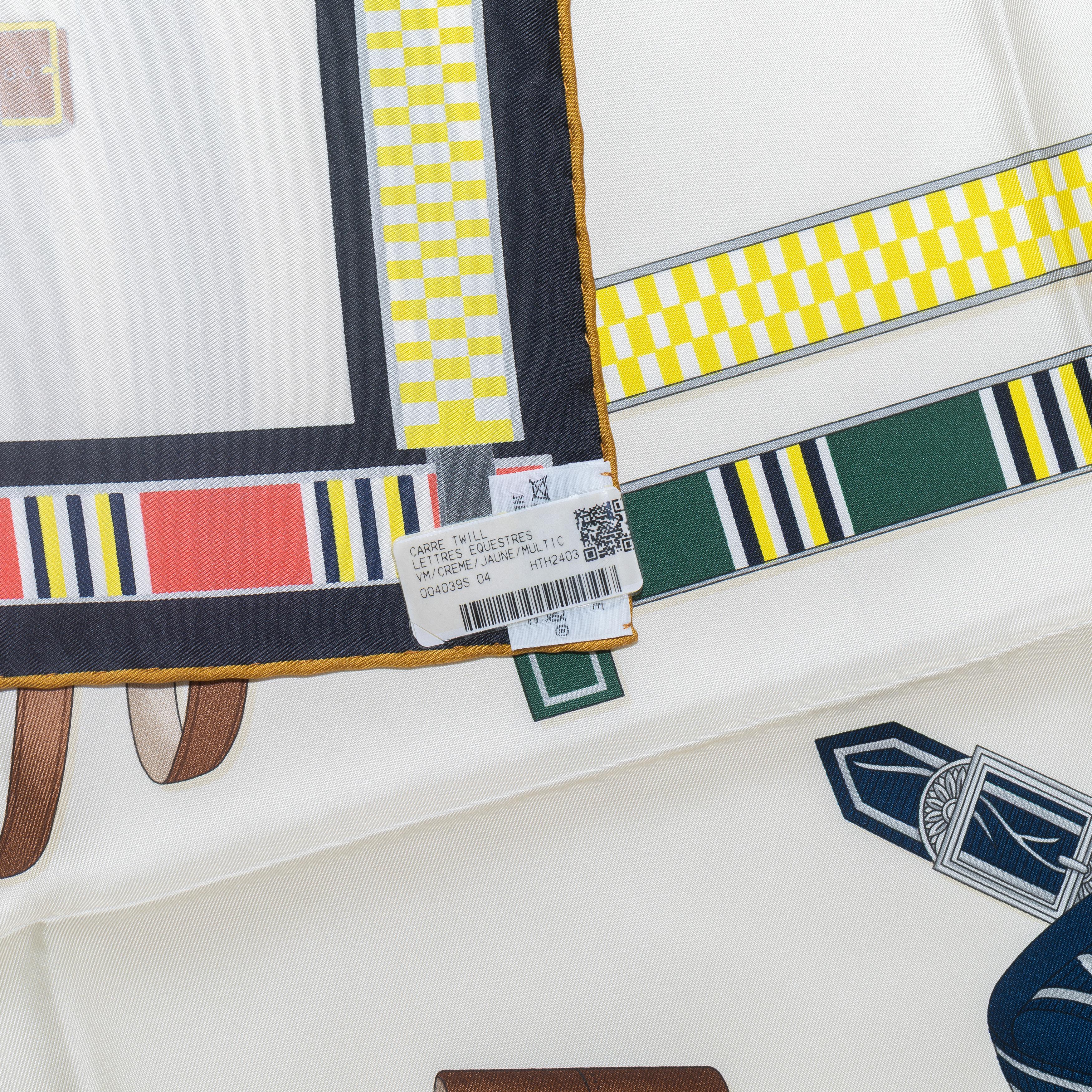 Lettres Équestres – Crème – Jaune – NWSTS - 2508161609

Brand: Hermès
Type/Model: Scarf 90 Silk Twill
Name Design: Lettres Équestres, Equestrian Letters
Artist: Hermès Studio (Internal Creation; uncredited)
Size: 90 cm x 90 cm / 35 in x 35 in
Color: