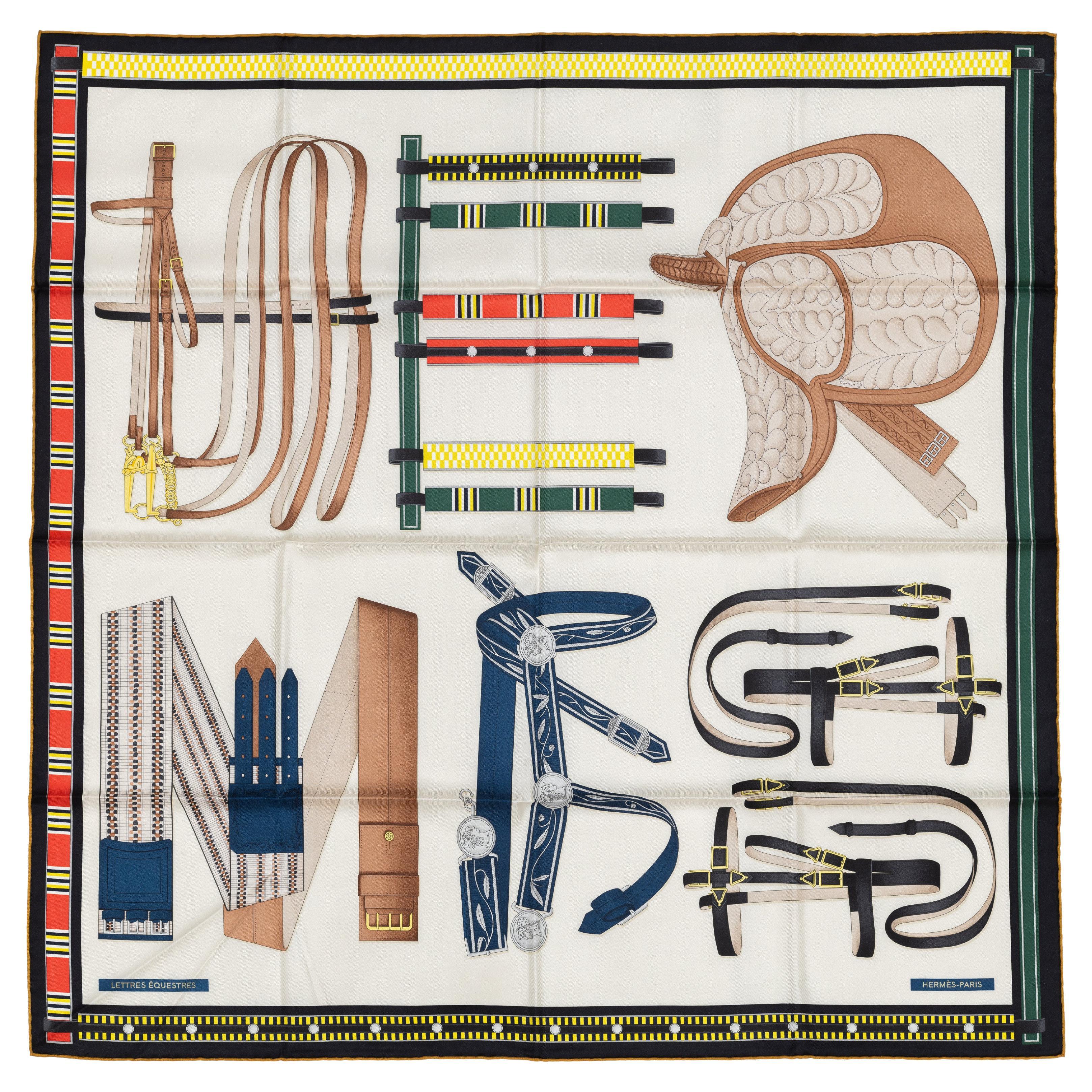Hermes Silk Scarf Lettres Équestres – Crème – Jaune - New Store Tag For Sale