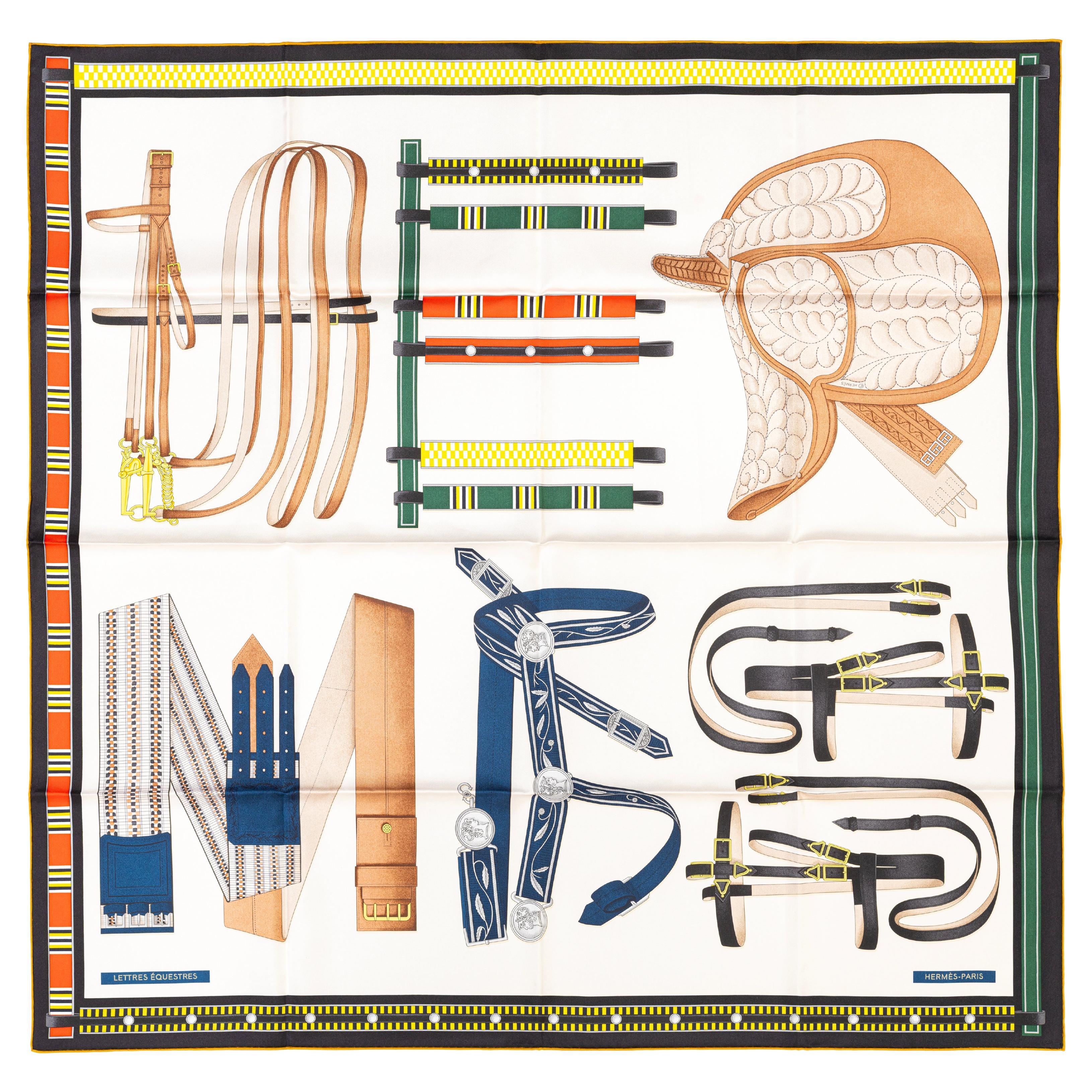 Pañuelo de seda Hermes Lettres Équestres - Crème - Jaune - Nueva Etiqueta de la Tienda