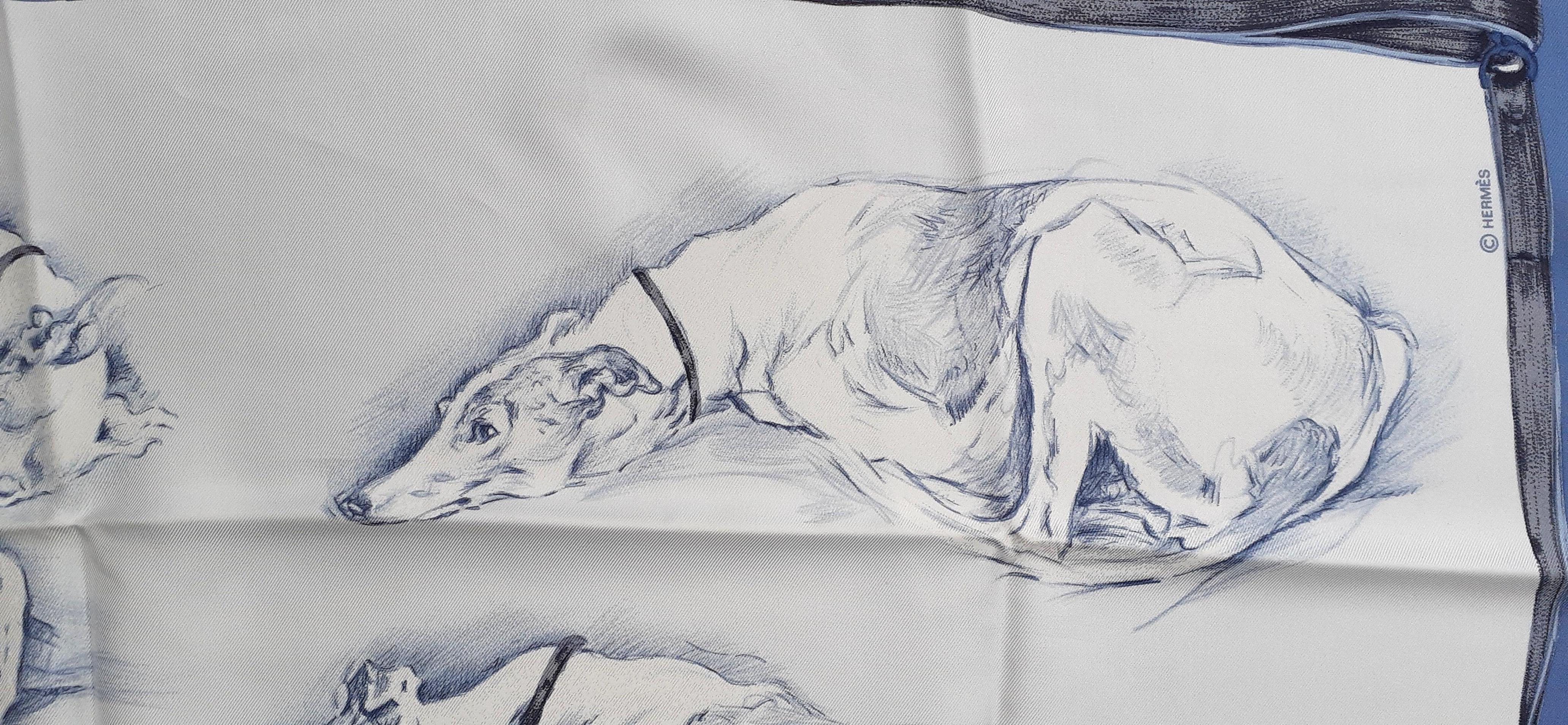 Hermès Silk Scarf Lévriers Greyhound Dogs Xavier de Poret White Blue 90 cm 7