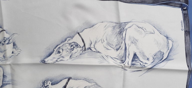 Hermès Silk Scarf Lévriers Greyhound Dogs Xavier de Poret White Blue 90 cm For Sale 7