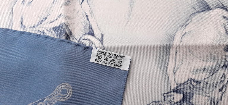 Hermès Silk Scarf Lévriers Greyhound Dogs Xavier de Poret White Blue 90 cm For Sale 8