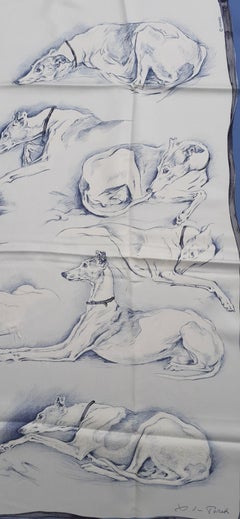 Hermès Silk Scarf Lévriers Greyhound Dogs Xavier de Poret White Blue 90 cm