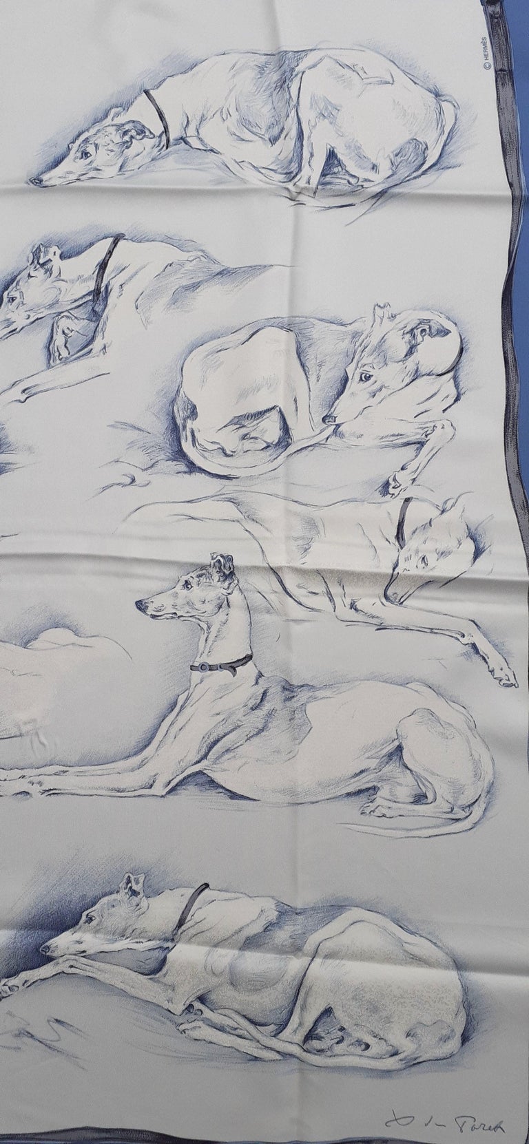 Absolutely Gorgeous and Rare Authentic Hermès Scarf
 
Pattern: Lévriers (Greyhounds Dogs)

Designed by Xavier De Poret in 1970. This is a reissue

Made in France

Made of 100% Silk

Colorways: White, Blue

