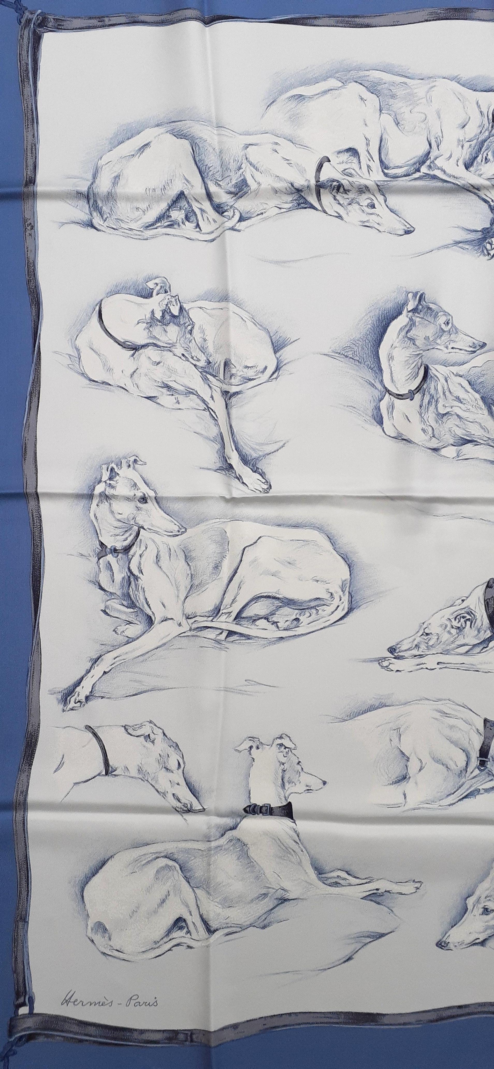 Gray Hermès Silk Scarf Lévriers Greyhound Dogs Xavier de Poret White Blue 90 cm