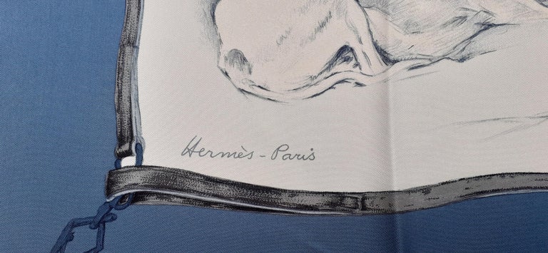 Women's Hermès Silk Scarf Lévriers Greyhound Dogs Xavier de Poret White Blue 90 cm For Sale