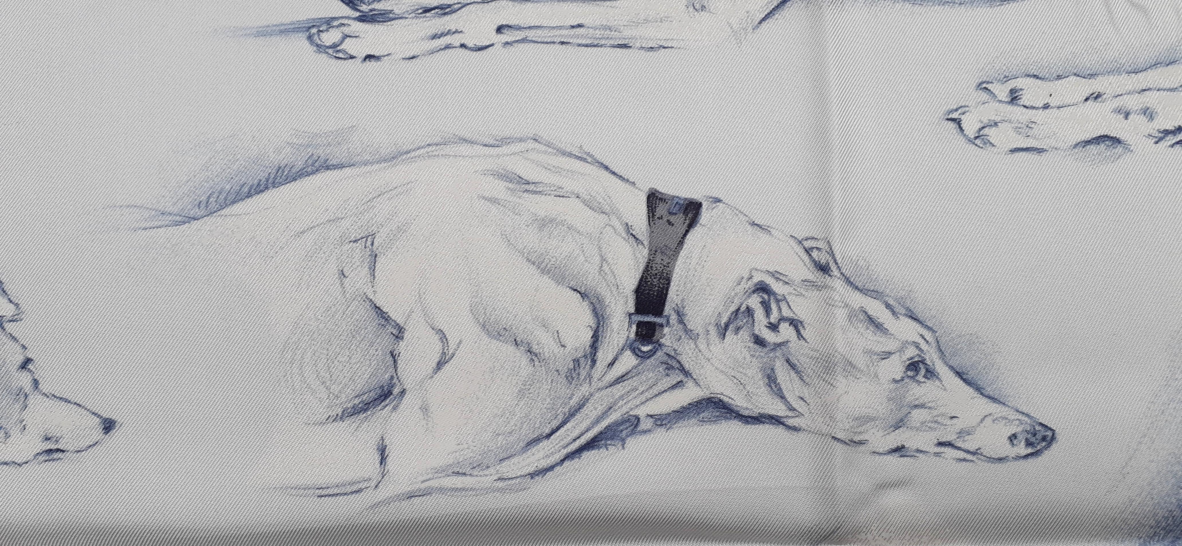 Hermès Silk Scarf Lévriers Greyhound Dogs Xavier de Poret White Blue 90 cm 2