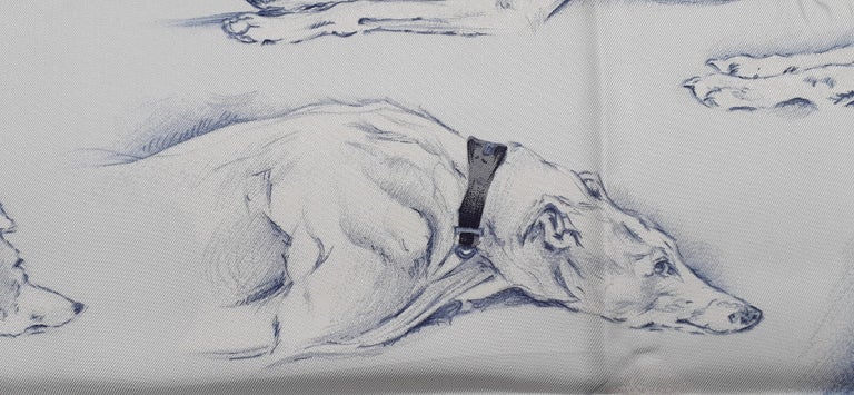 Hermès Silk Scarf Lévriers Greyhound Dogs Xavier de Poret White Blue 90 cm For Sale 2