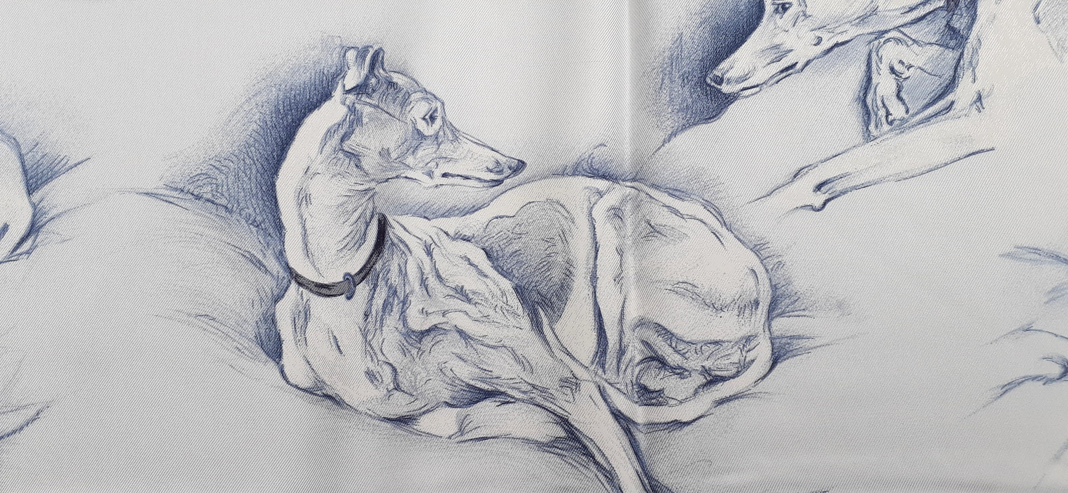 Hermès Silk Scarf Lévriers Greyhound Dogs Xavier de Poret White Blue 90 cm 4