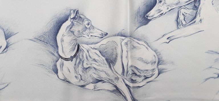 Hermès Silk Scarf Lévriers Greyhound Dogs Xavier de Poret White Blue 90 cm For Sale 4
